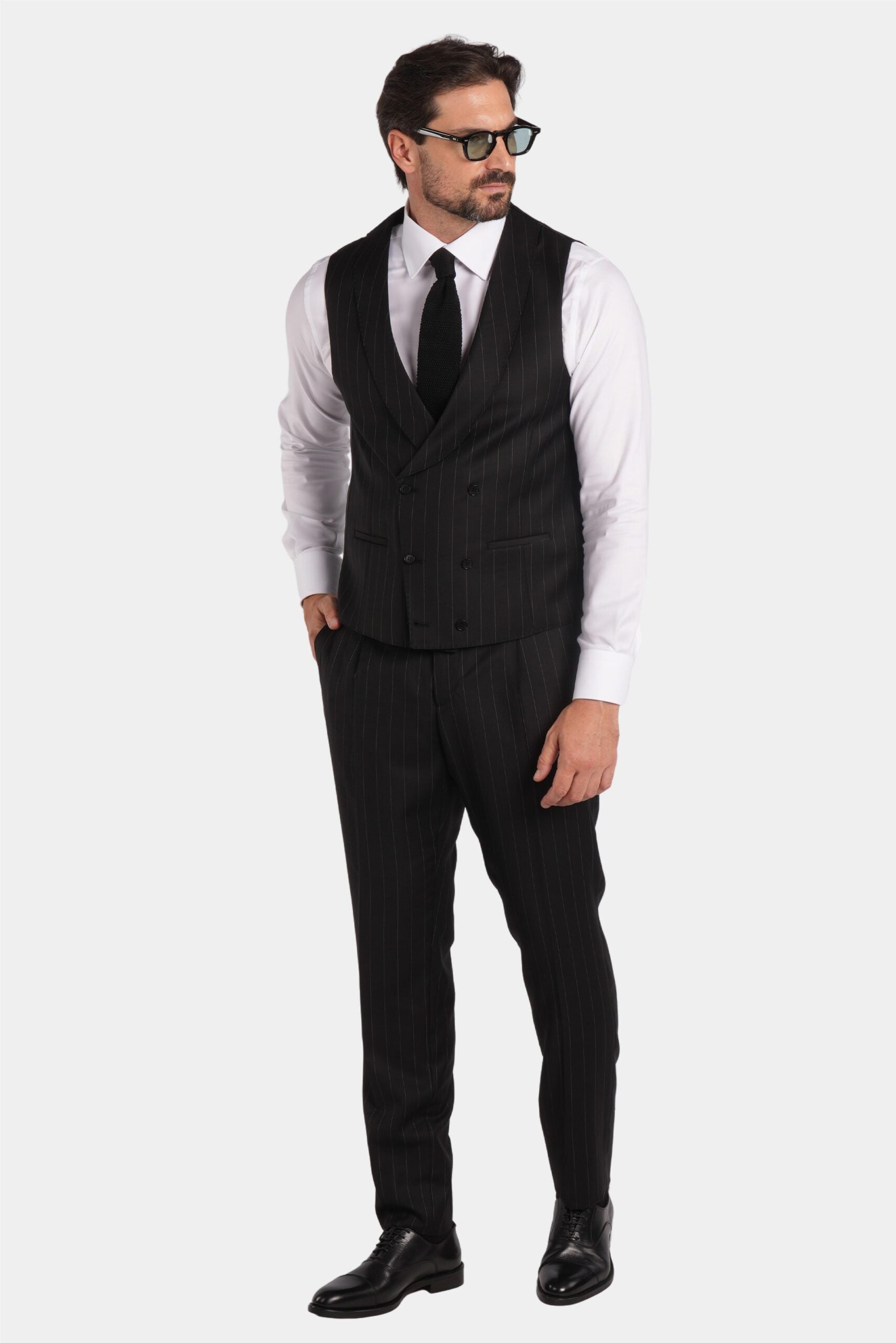 Schwarzer Nadelstreifen Slim-Fit Dreiteiliger Marina Wolle
