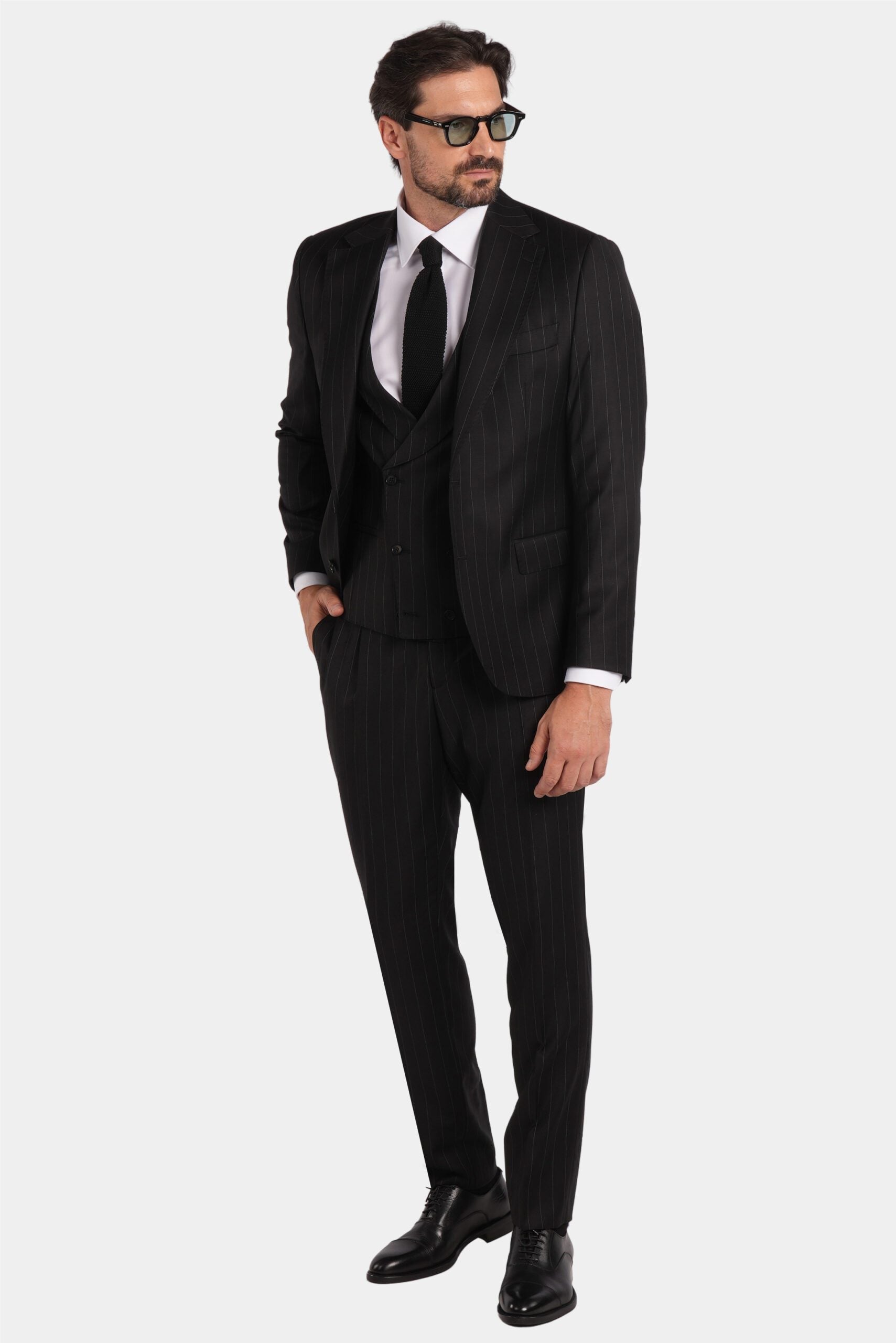 Schwarzer Nadelstreifen Slim-Fit Dreiteiliger Marina Wolle