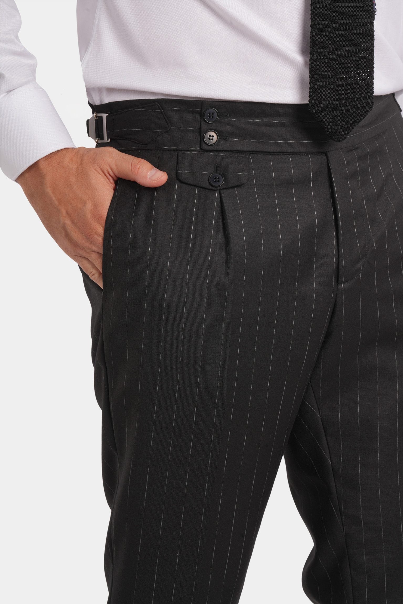 Schwarzer Nadelstreifen Slim-Fit Dreiteiliger Marina Wolle