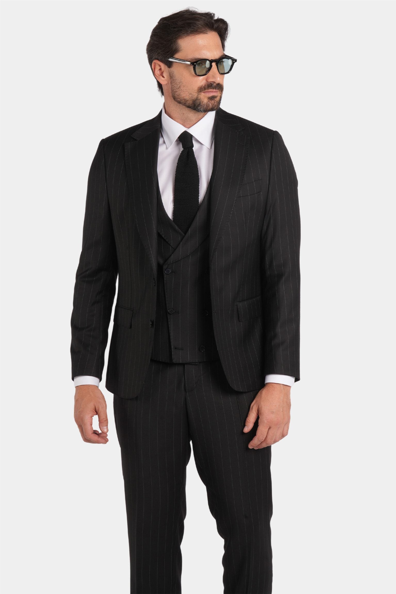 Schwarzer Nadelstreifen Slim-Fit Dreiteiliger Marina Wolle