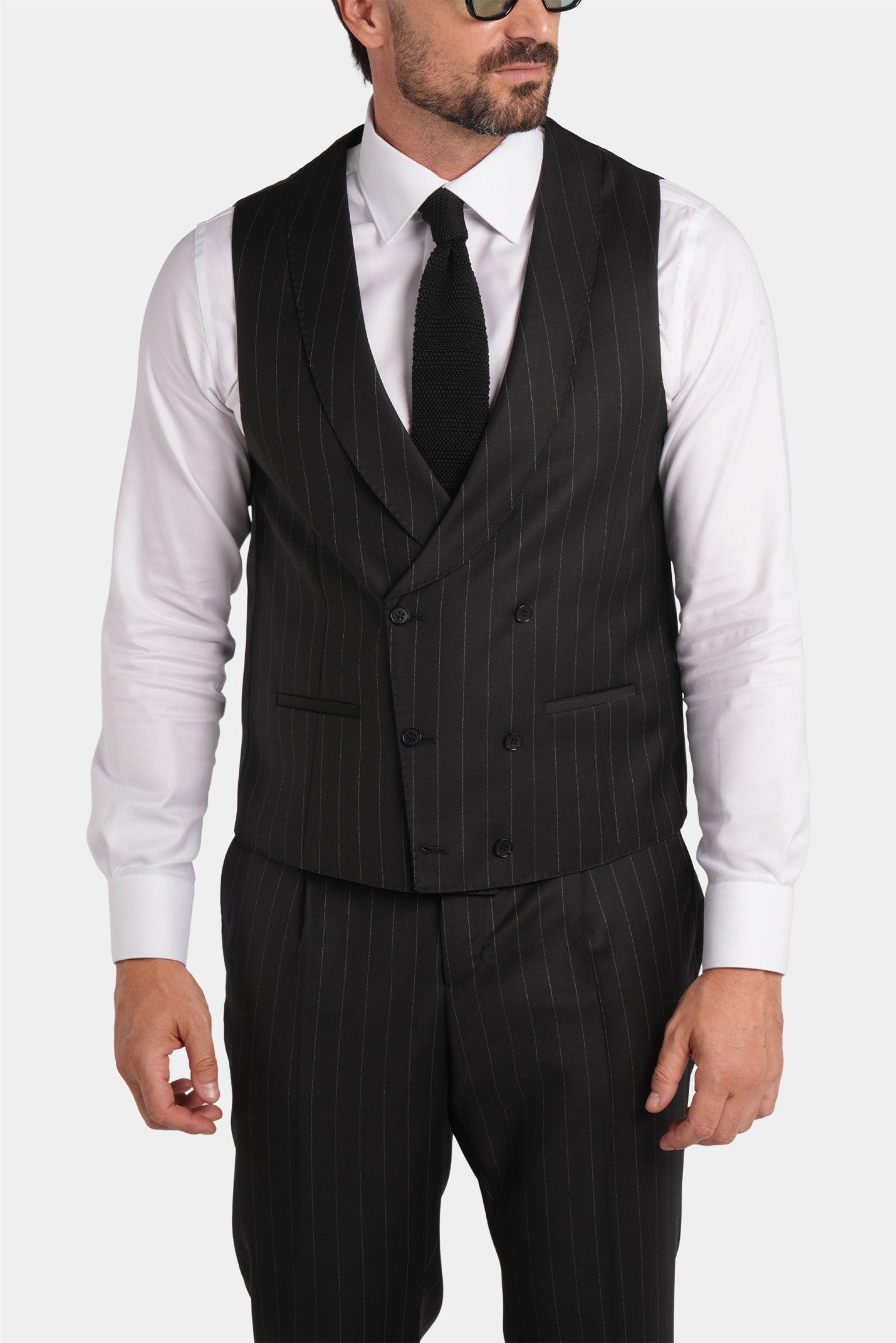 Schwarzer Nadelstreifen Slim-Fit Dreiteiliger Marina Wolle