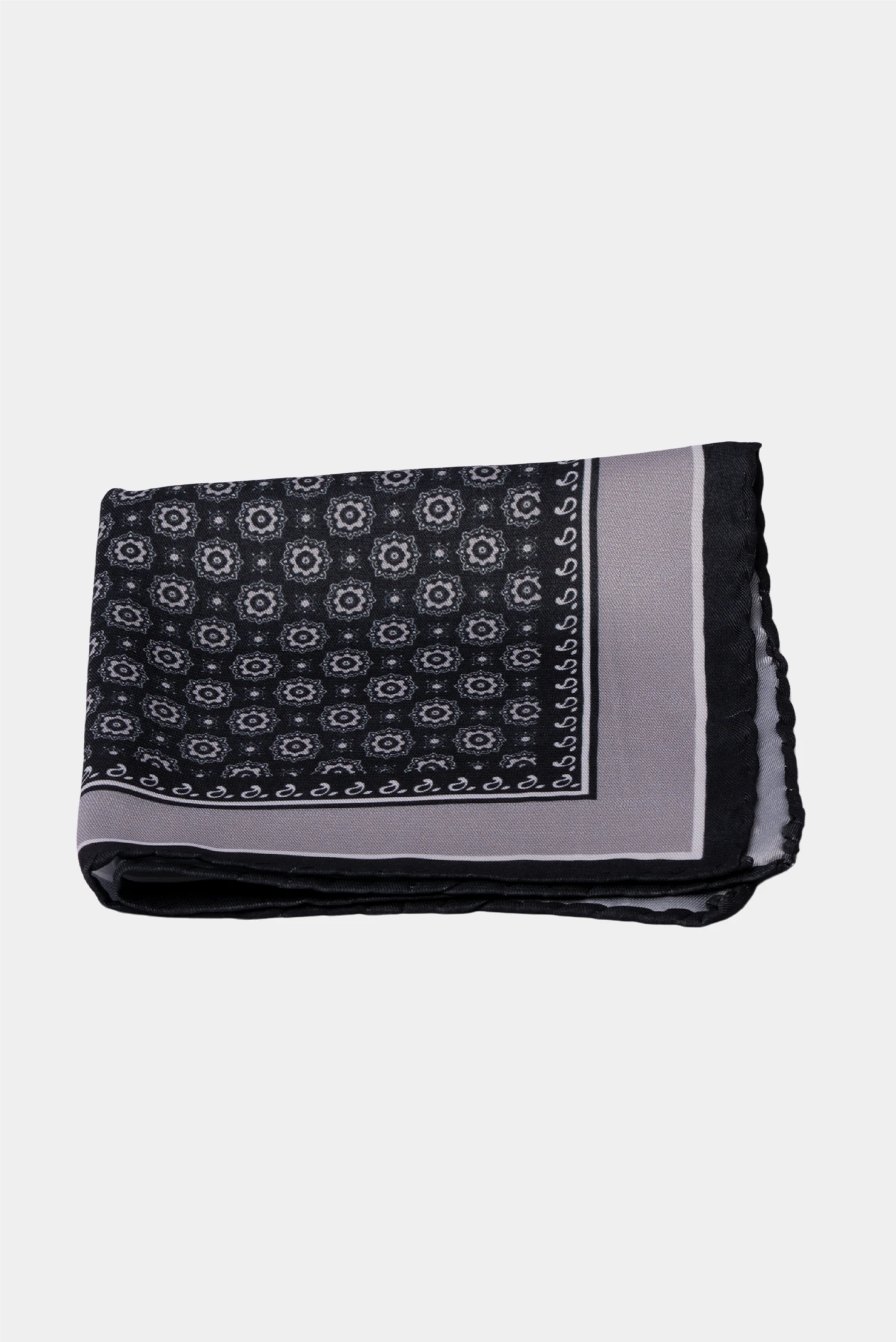 Black microfiber pocket square with rosette pattern
