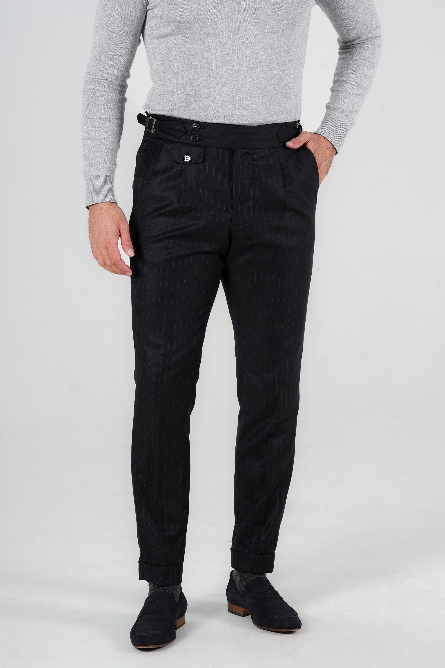 Dunkelblaue Nadelstreifenhose aus italienischer Marina Wolle Tailored Fit