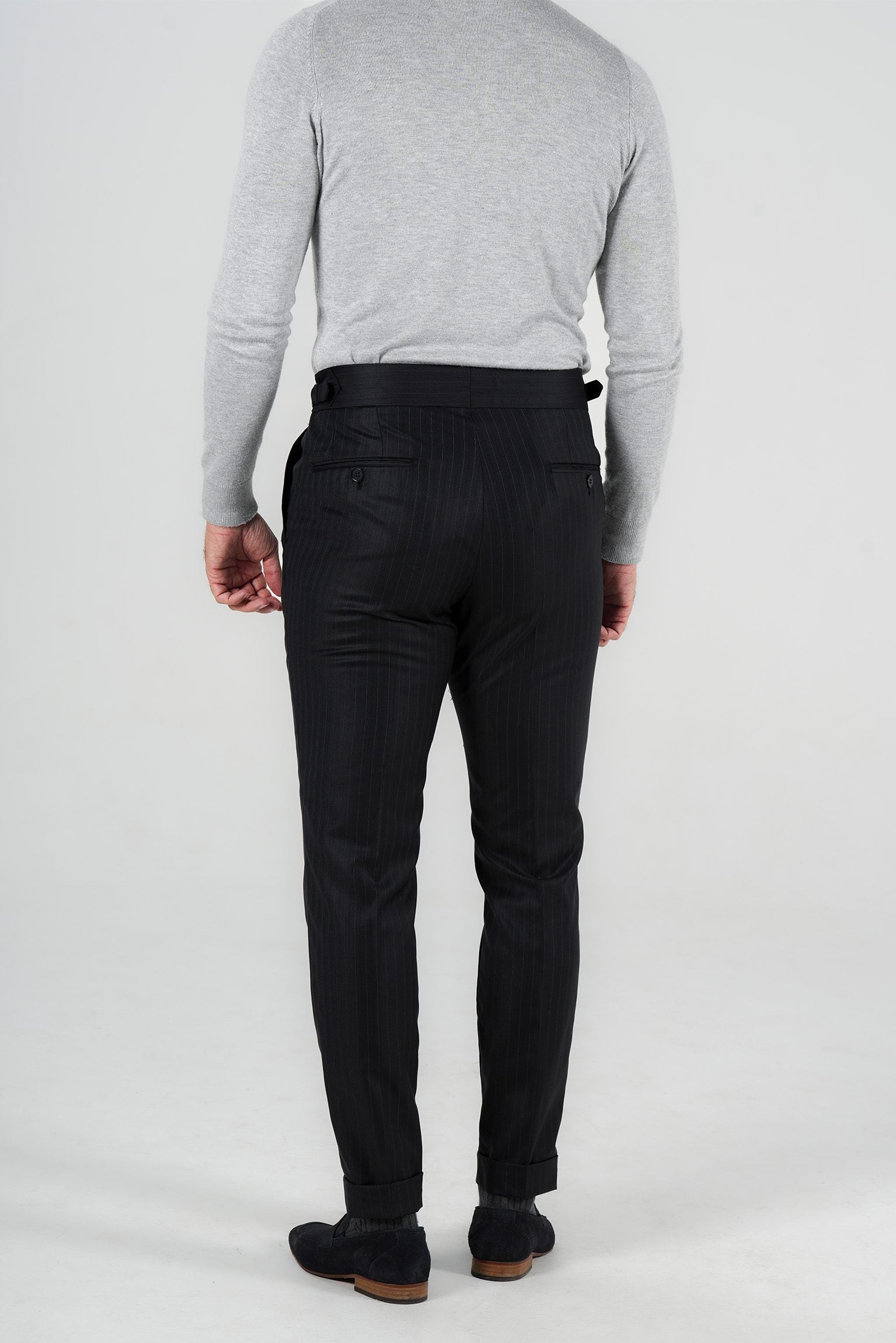 Dunkelblaue Nadelstreifenhose aus italienischer Marina Wolle Tailored Fit