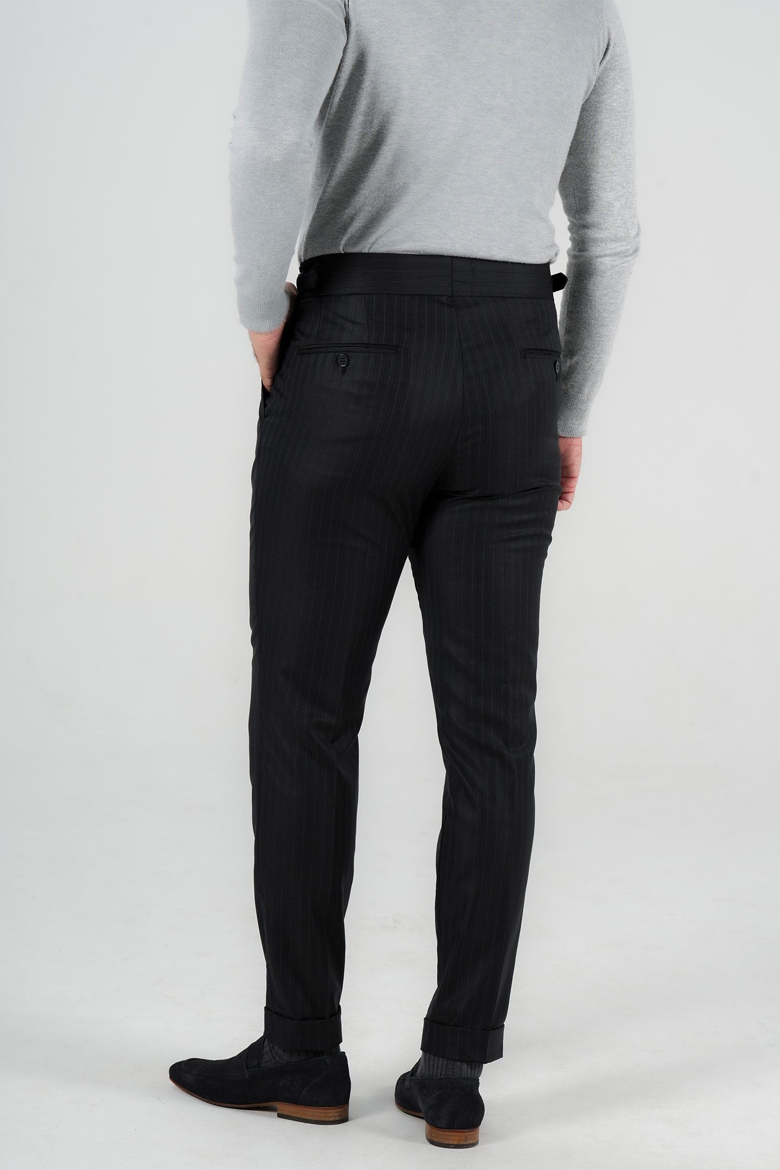 Dunkelblaue Nadelstreifenhose aus italienischer Marina Wolle Tailored Fit