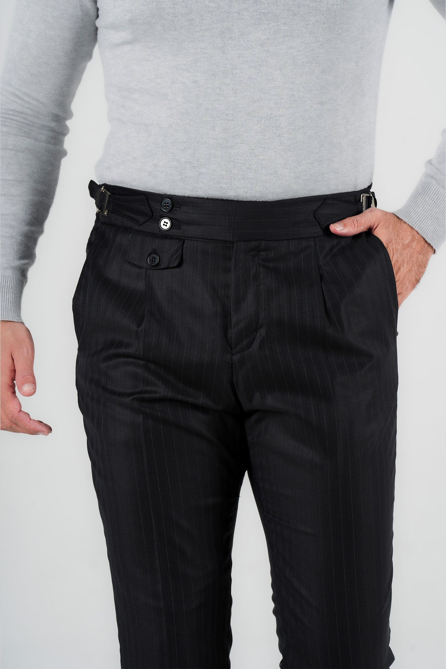 Dunkelblaue Nadelstreifenhose aus italienischer Marina Wolle Tailored Fit