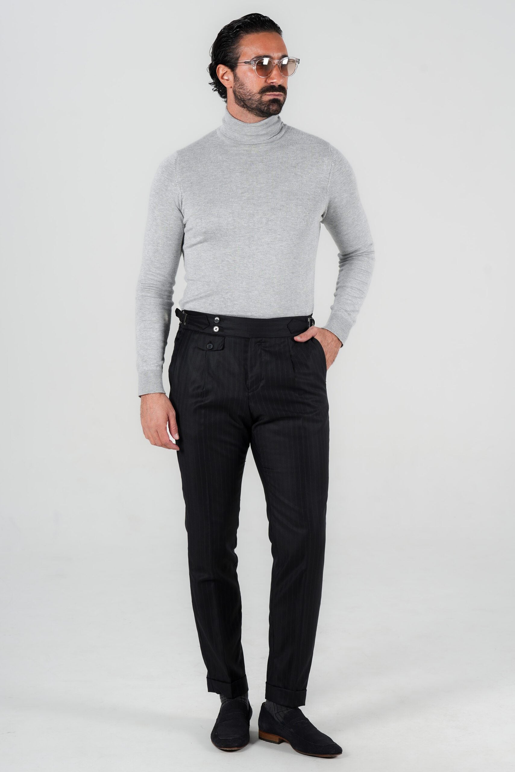 Dunkelblaue Nadelstreifenhose aus italienischer Marina Wolle Tailored Fit