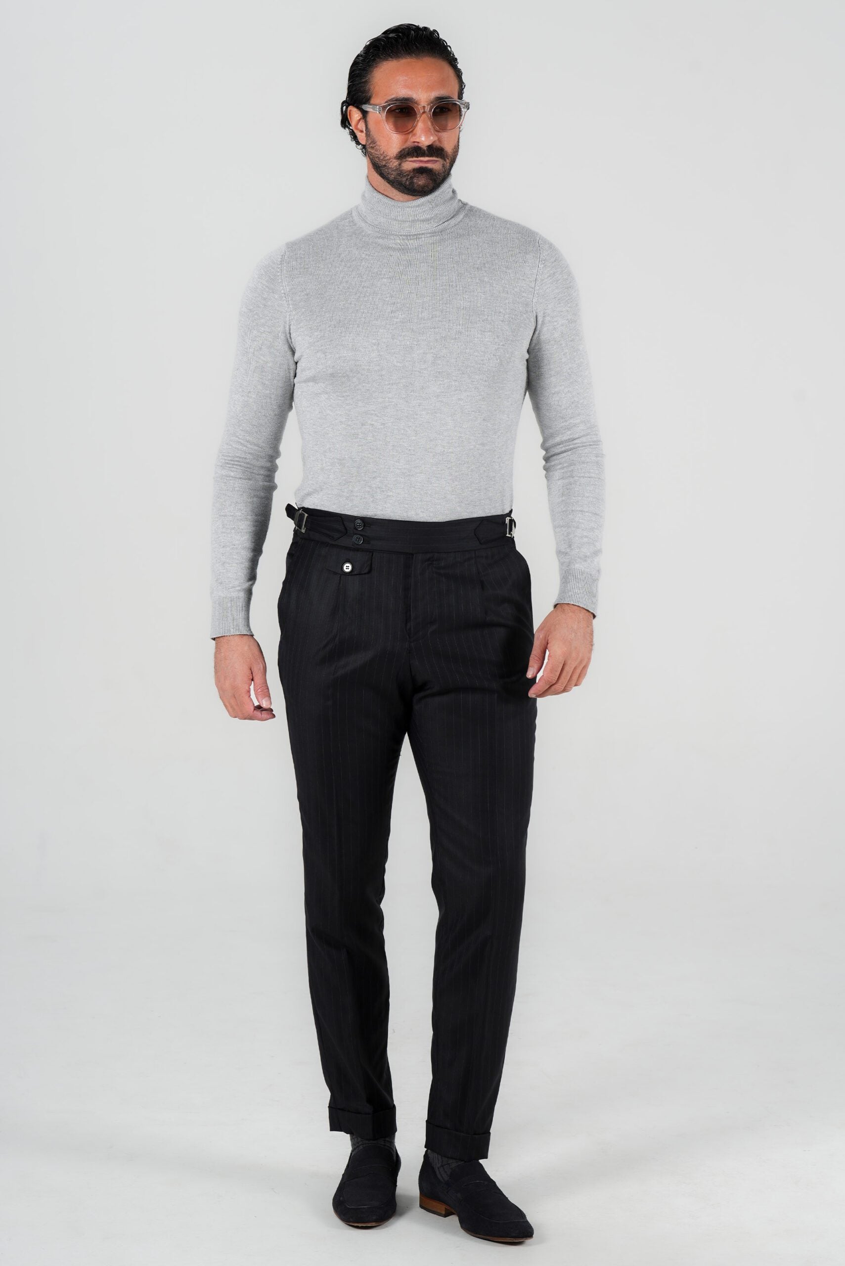 Dunkelblaue Nadelstreifenhose aus italienischer Marina Wolle Tailored Fit