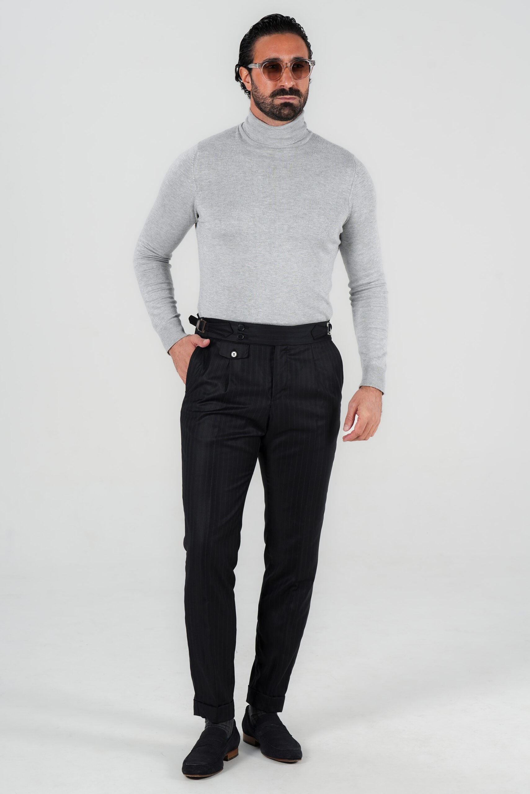 Dunkelblaue Nadelstreifenhose aus italienischer Marina Wolle Tailored Fit