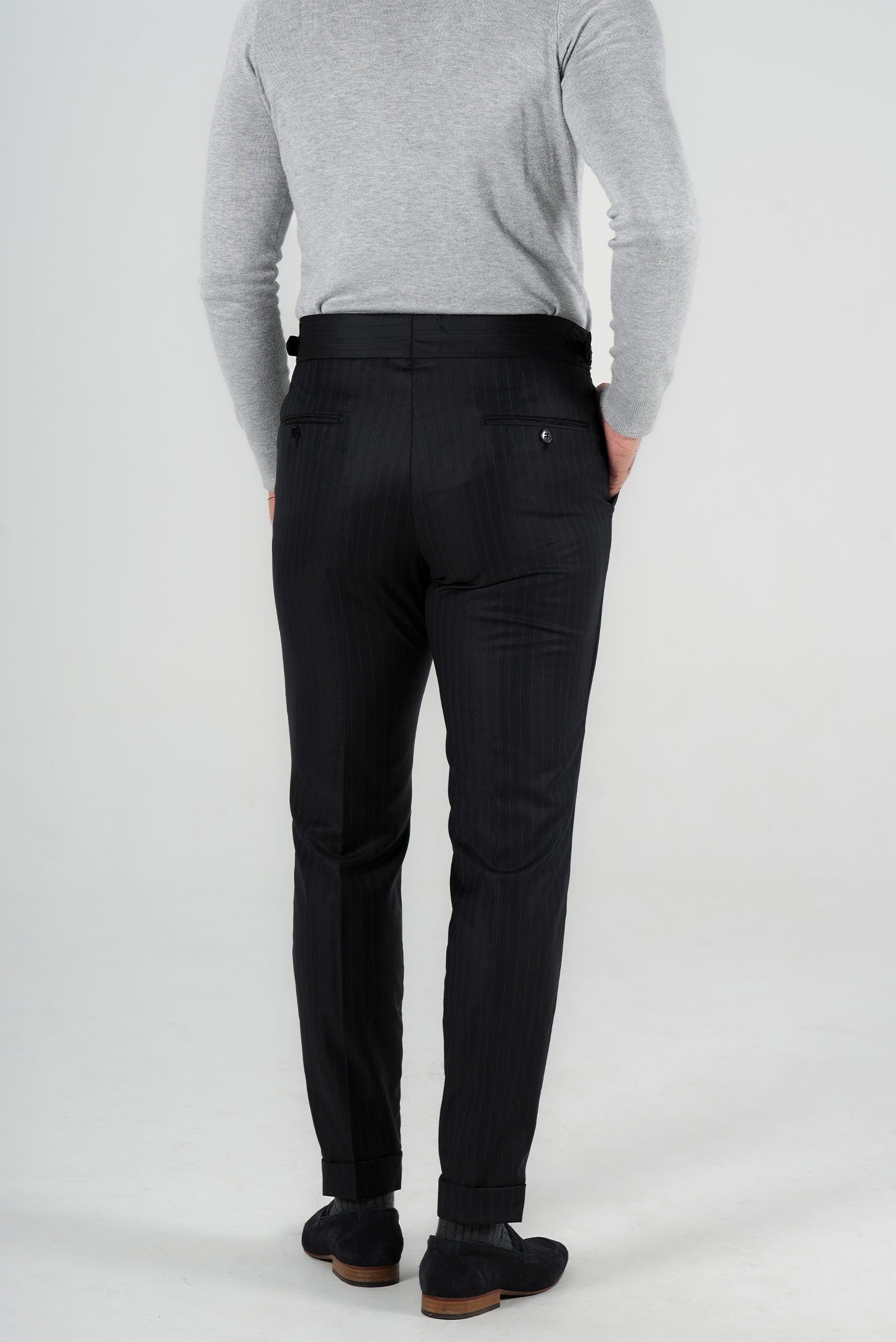Dunkelblaue Nadelstreifenhose aus italienischer Marina Wolle Tailored Fit