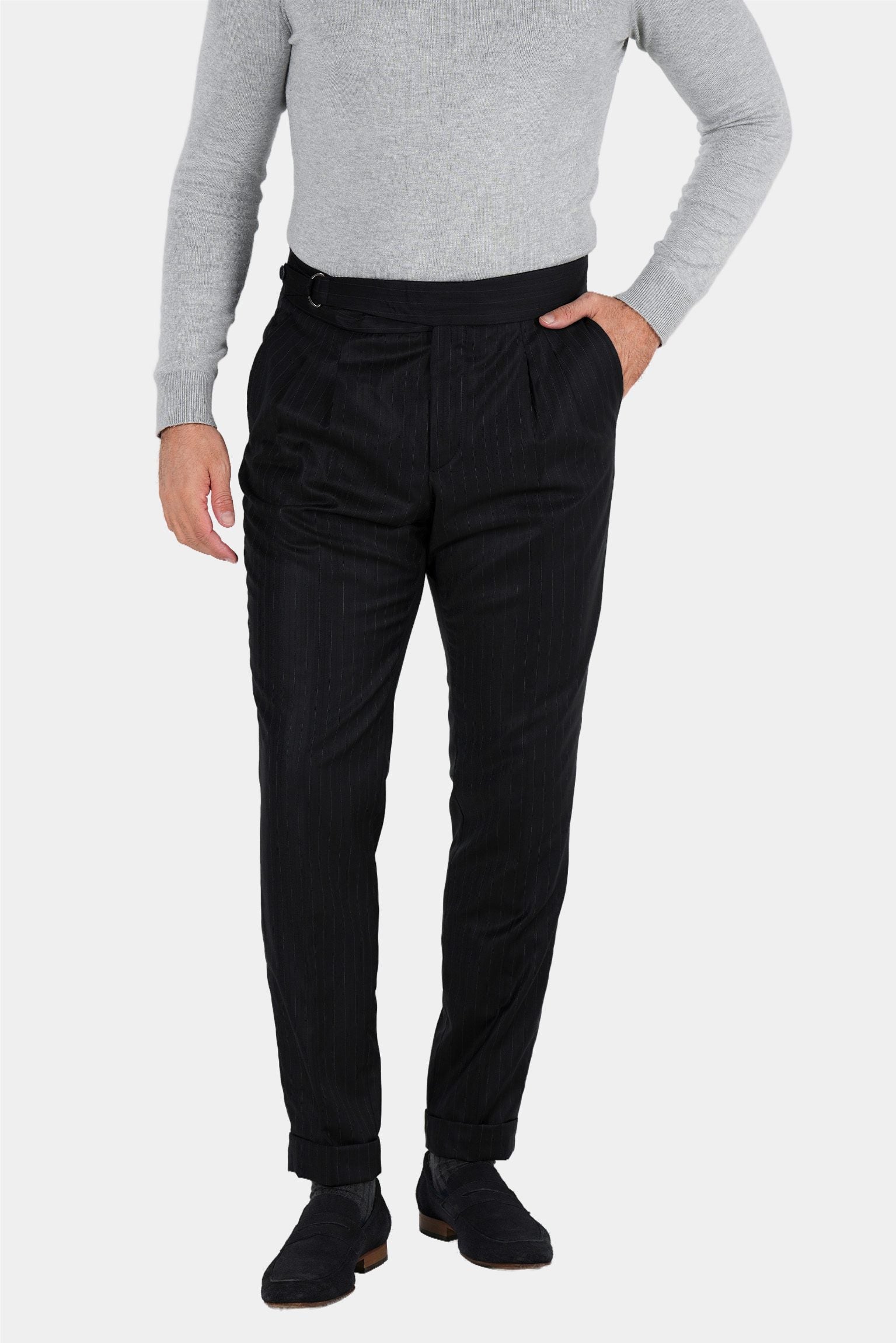 Dunkelblaue Nadelstreifenhose aus italienischer Marina  Wolle Tailored Fit