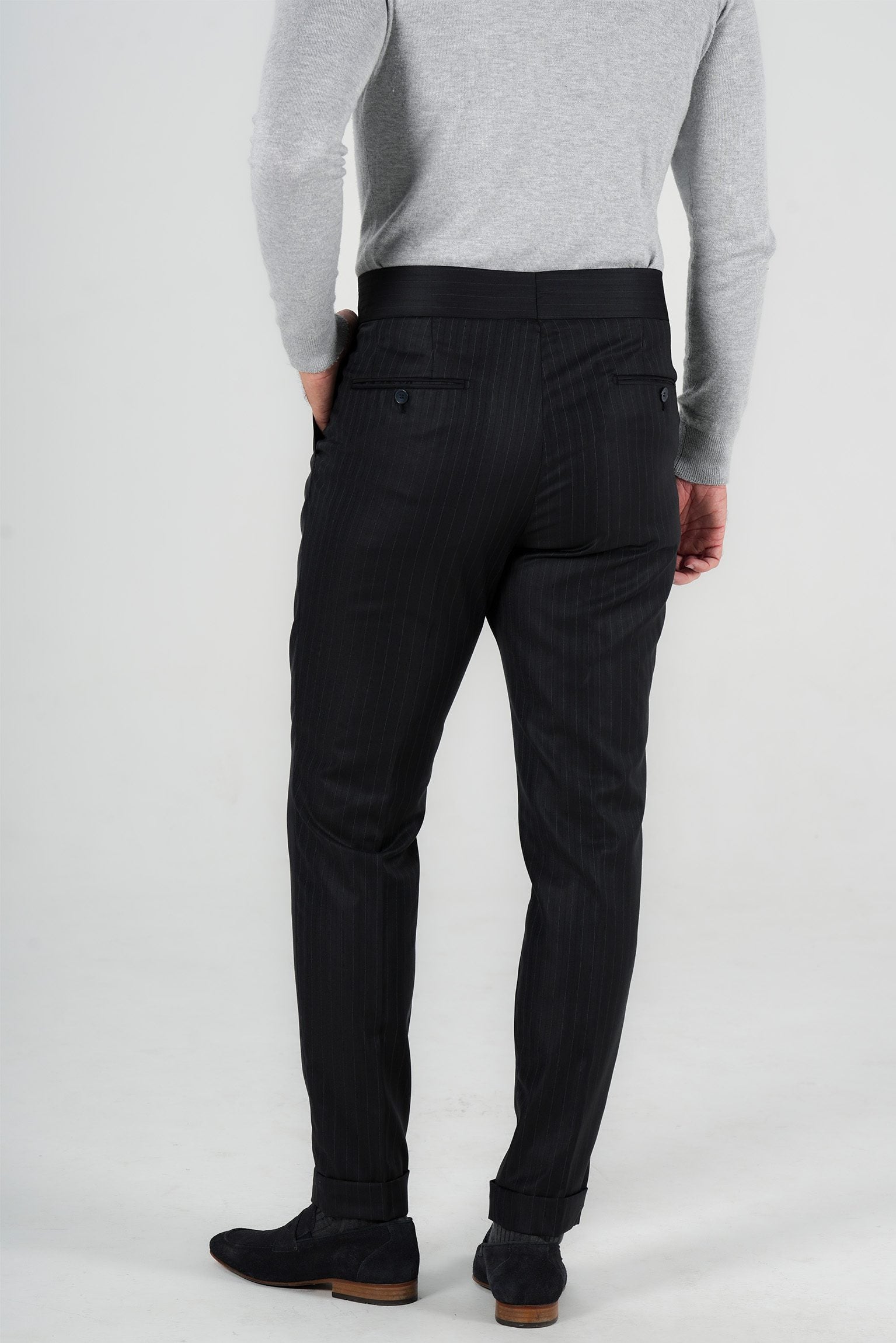 Dunkelblaue Nadelstreifenhose aus italienischer Marina  Wolle Tailored Fit
