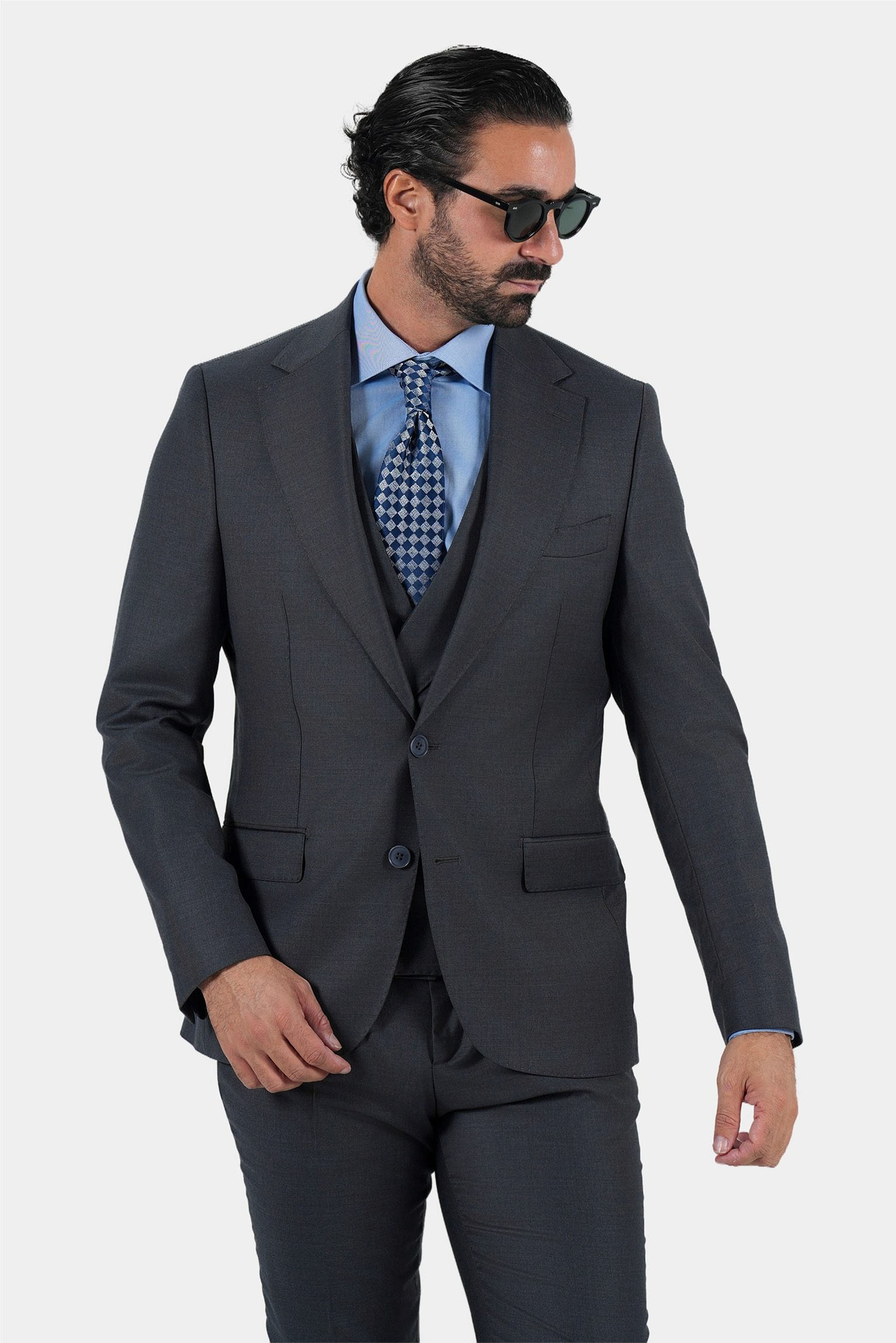 Grauer Dreiteiliger Anzug aus italienischer Marina Wolle Slim Fit