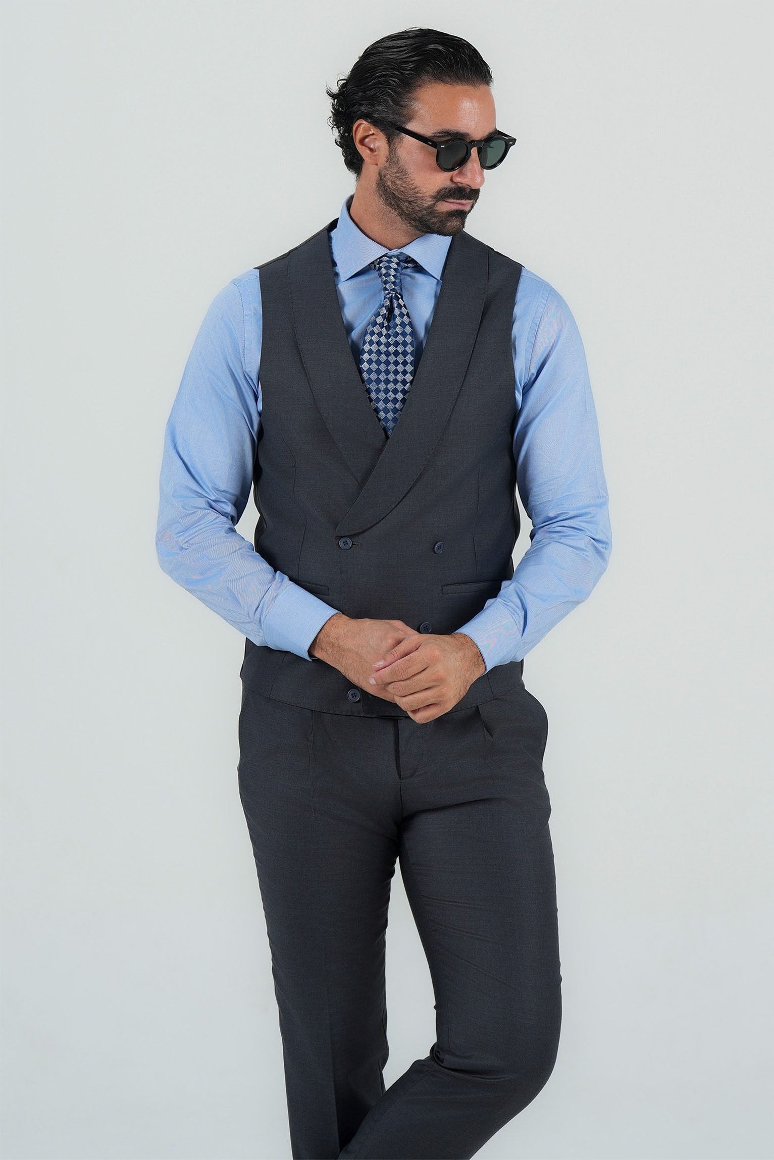 Grauer Dreiteiliger Anzug aus italienischer Marina Wolle Slim Fit