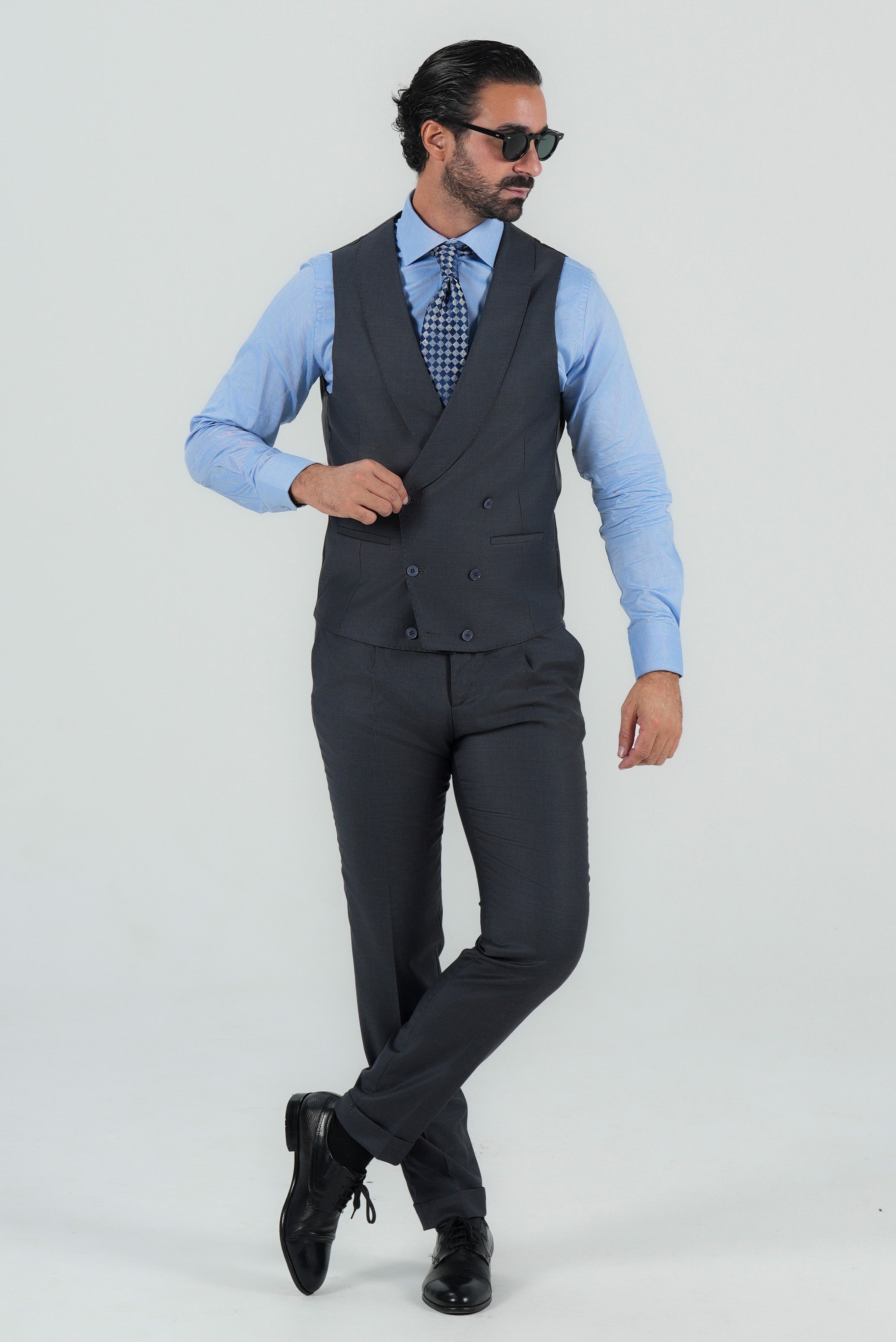Grauer Dreiteiliger Anzug aus italienischer Marina Wolle Slim Fit