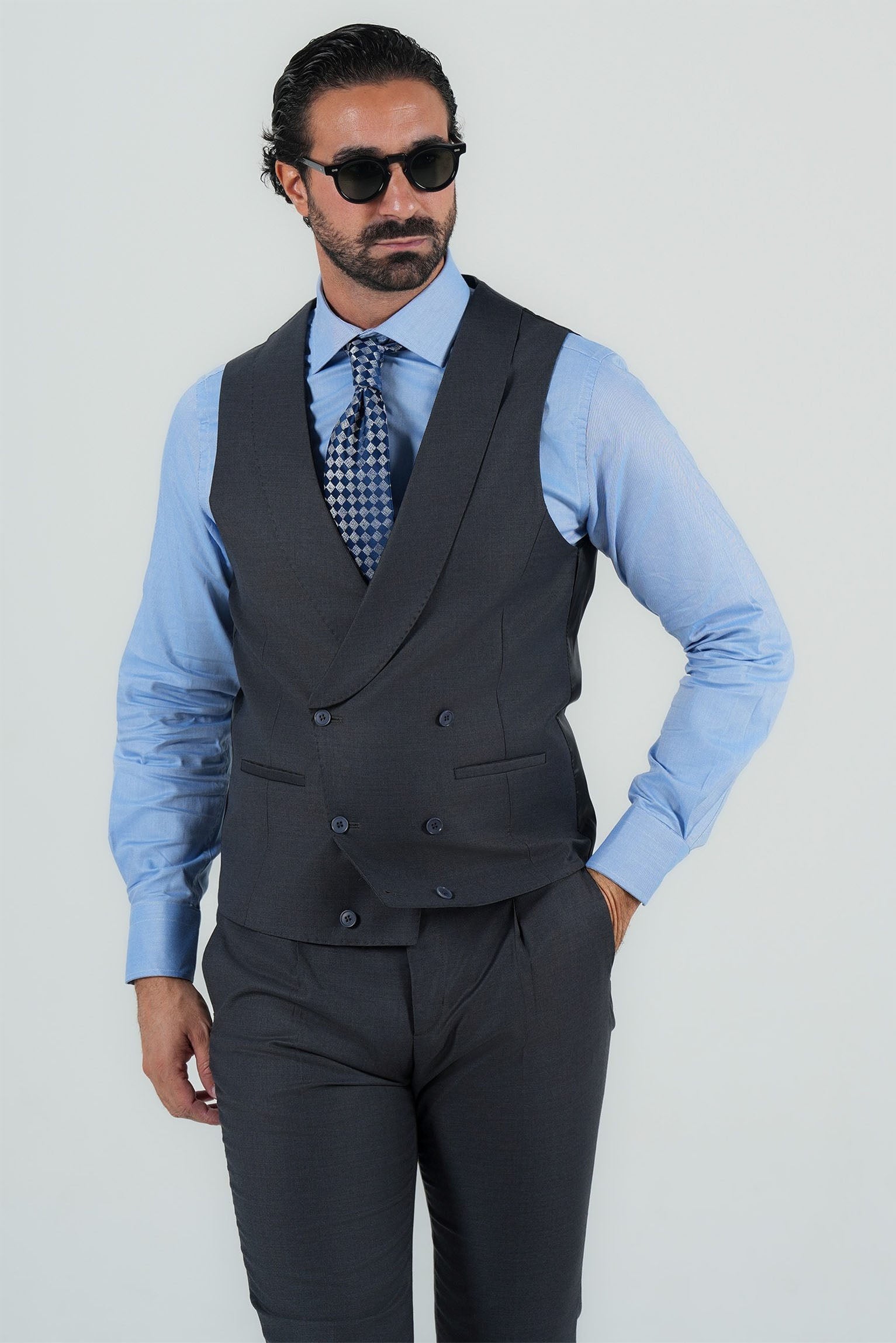 Grauer Dreiteiliger Anzug aus italienischer Marina Wolle Slim Fit
