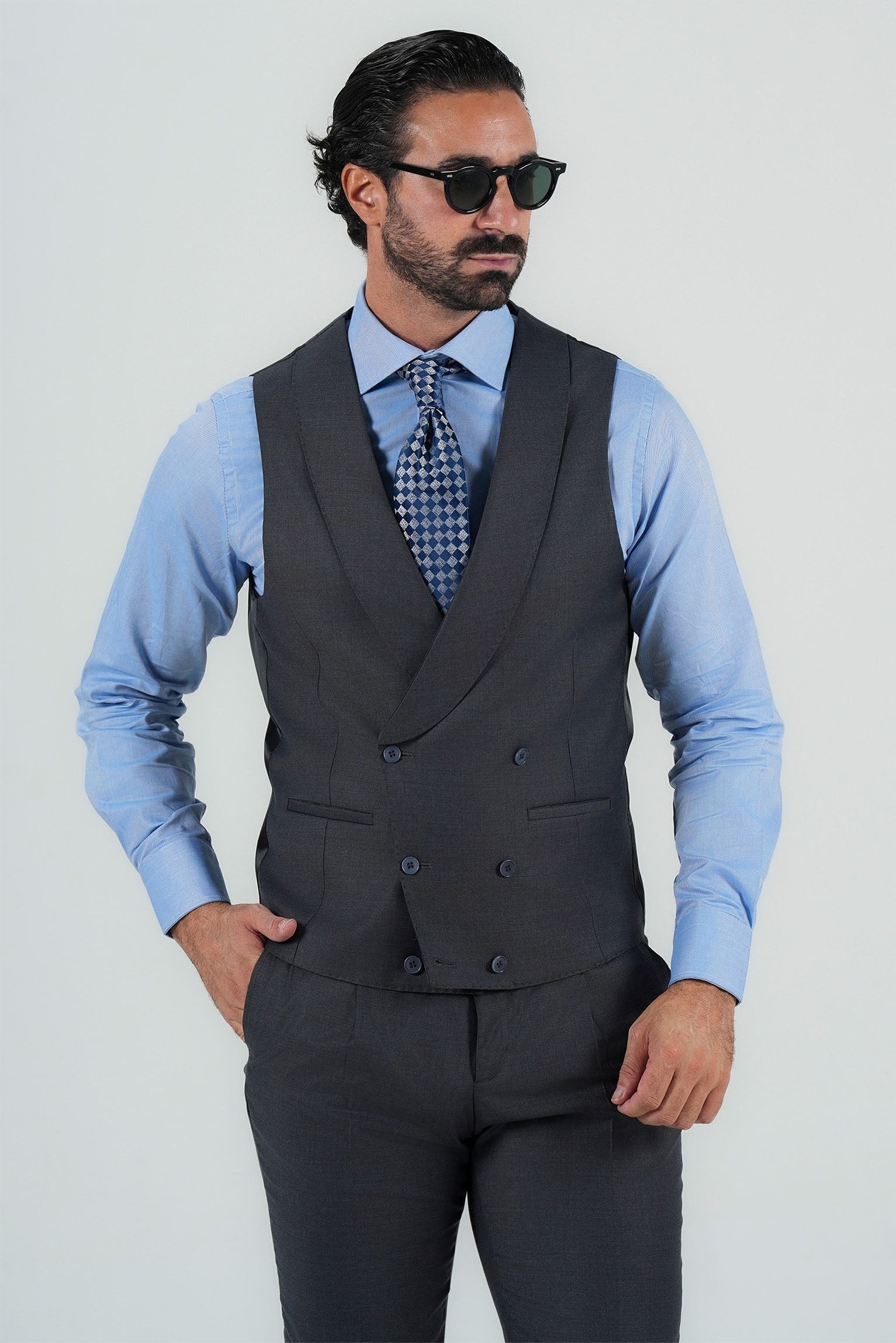 Grauer Dreiteiliger Anzug aus italienischer Marina Wolle Slim Fit