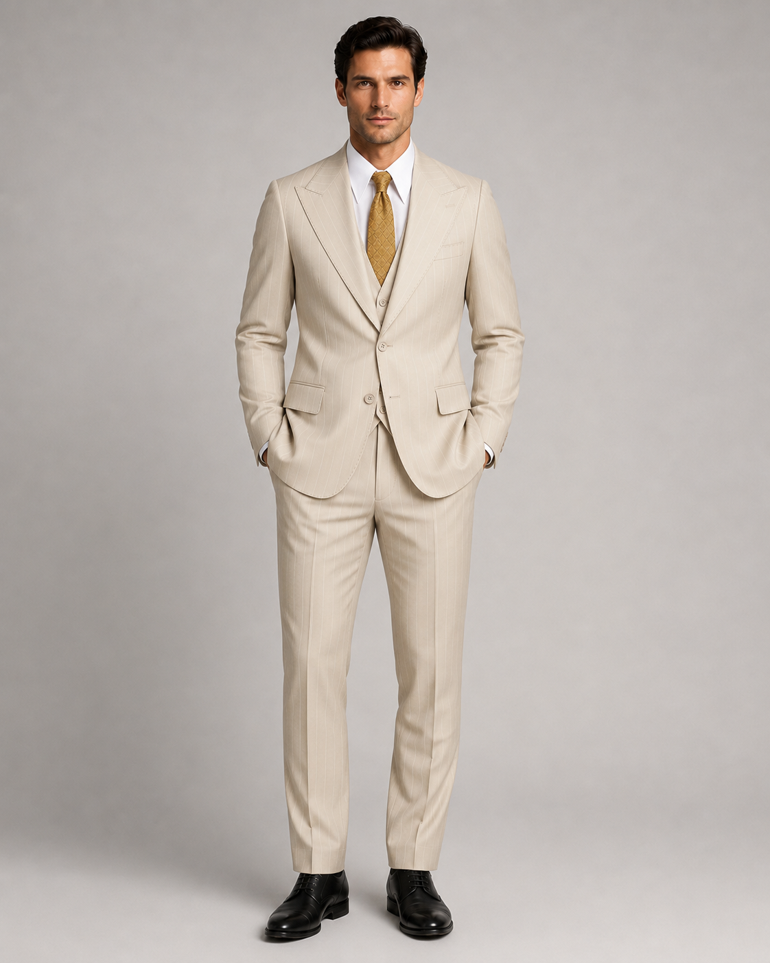 Beige gestreift Modern Fit Einreihiger Anzug
