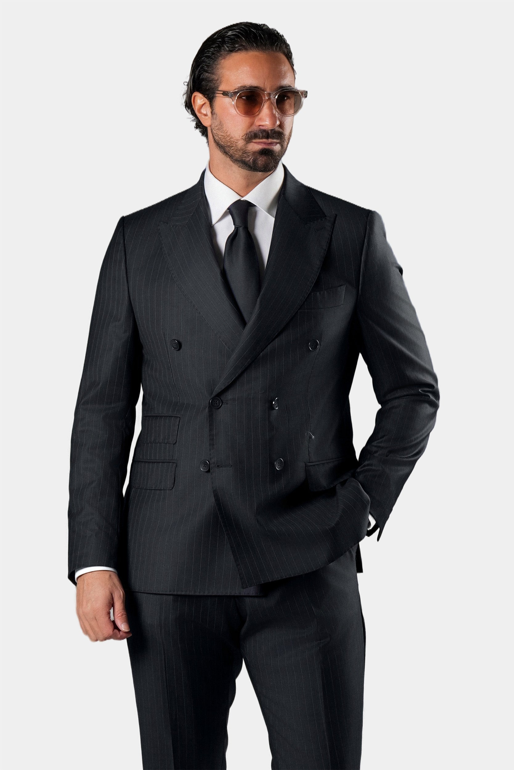 Dunkelblauer Nadelstreifen-Slim-Fit-Zweireiher aus wolle