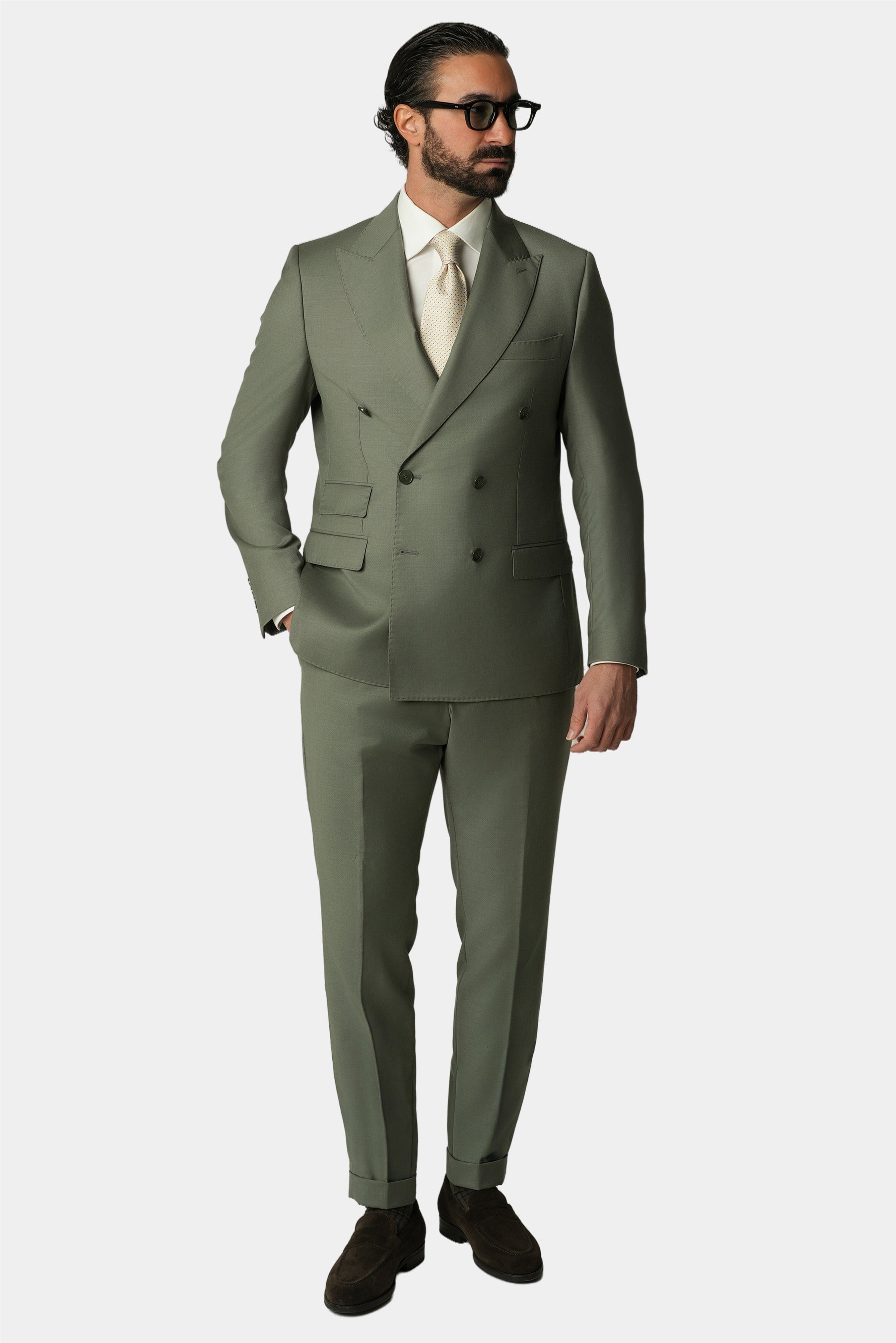 Hellgrüner doppelreihiger Slim-Fit-Wollanzug