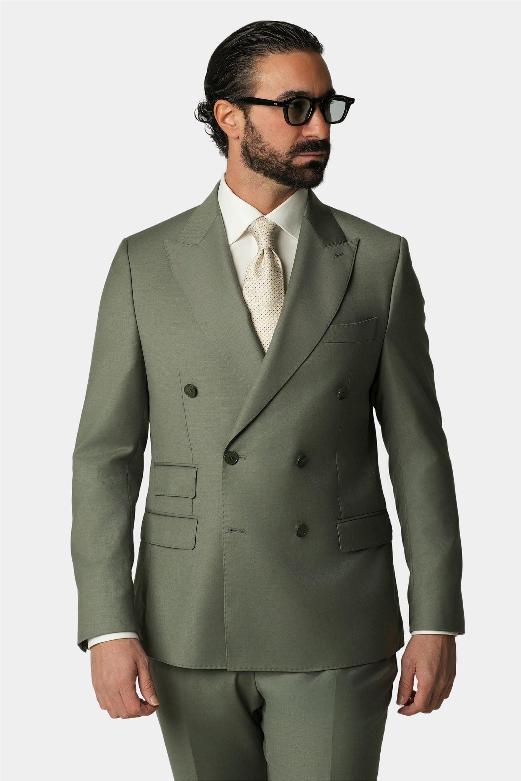 Hellgrüner doppelreihiger Slim-Fit-Wollanzug