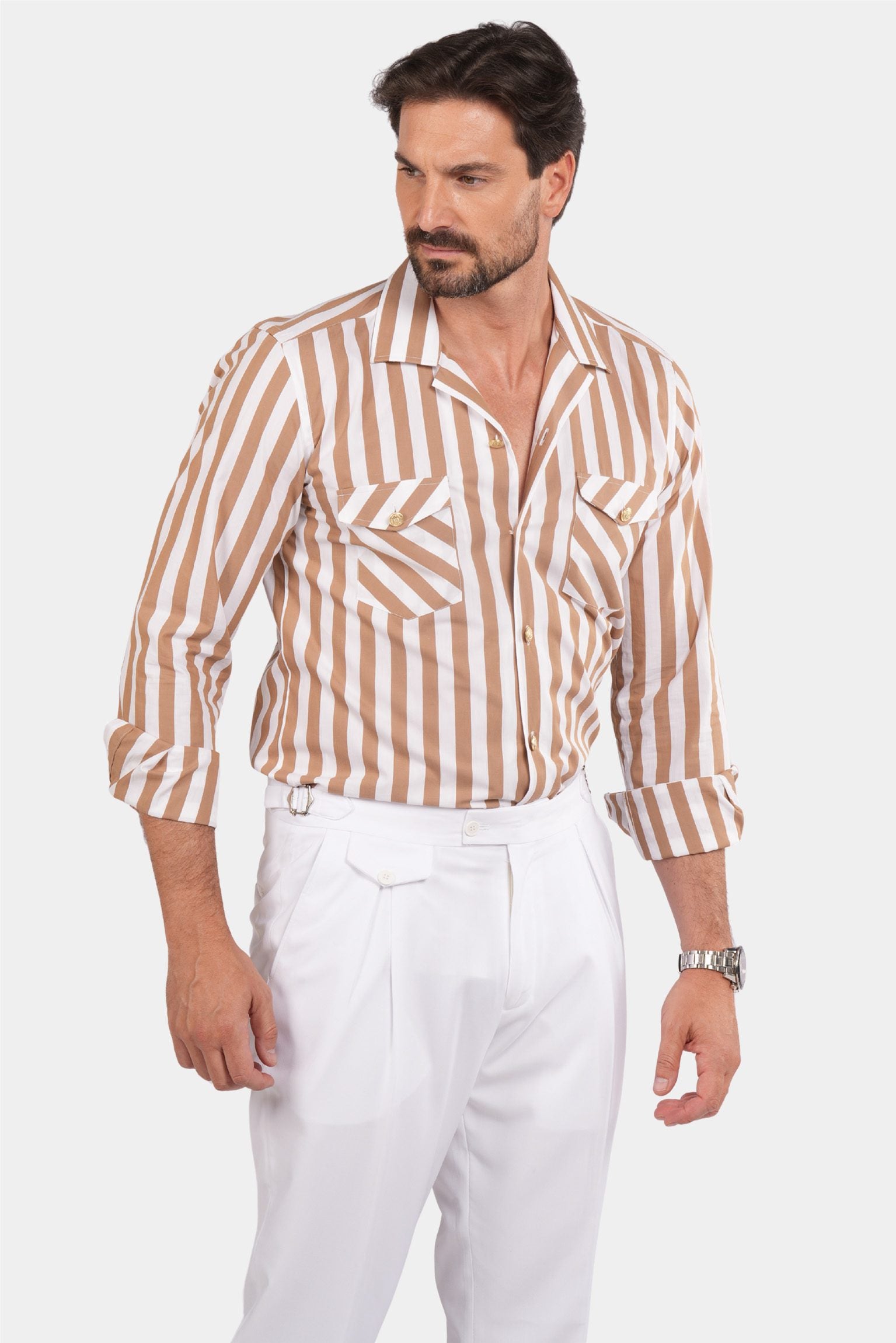 Beige and white striped safari shirt 