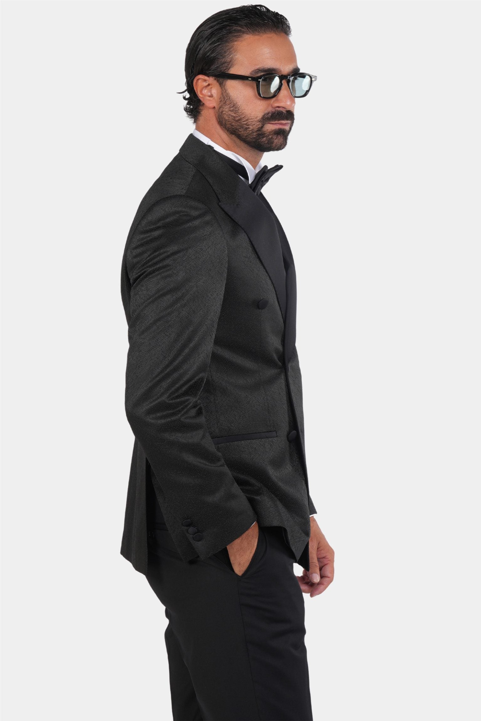 Smoking Herren Schwarz – Doppelreiher mit Strukturstoff & Satin-Revers