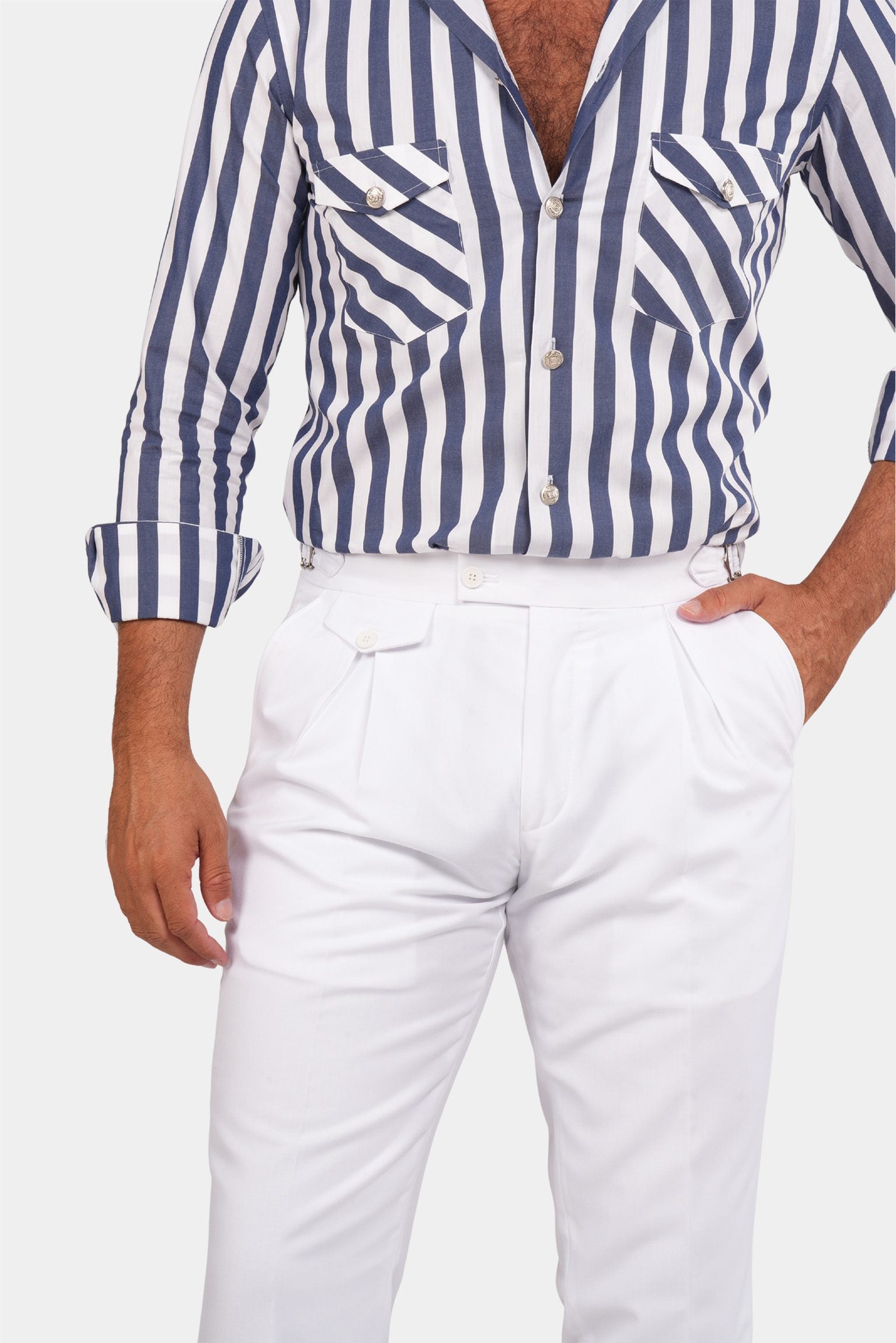 Navy Blau und Weiße Streifen Safari-Hemd