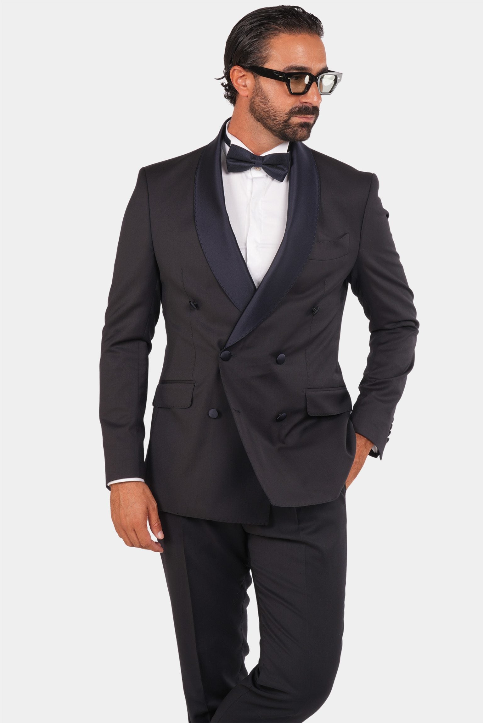 Dunkelblaue Slim Fit Doppelreihige Smoking-Anzug