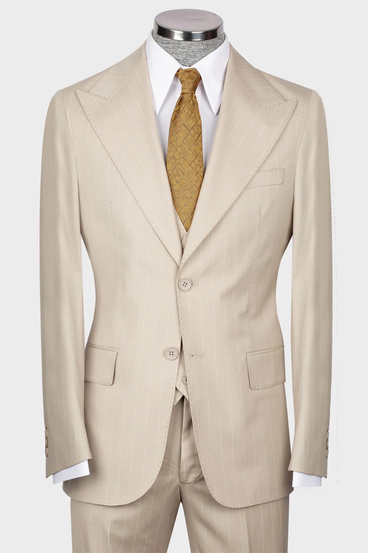 Beige striped modern fit single-breasted suit