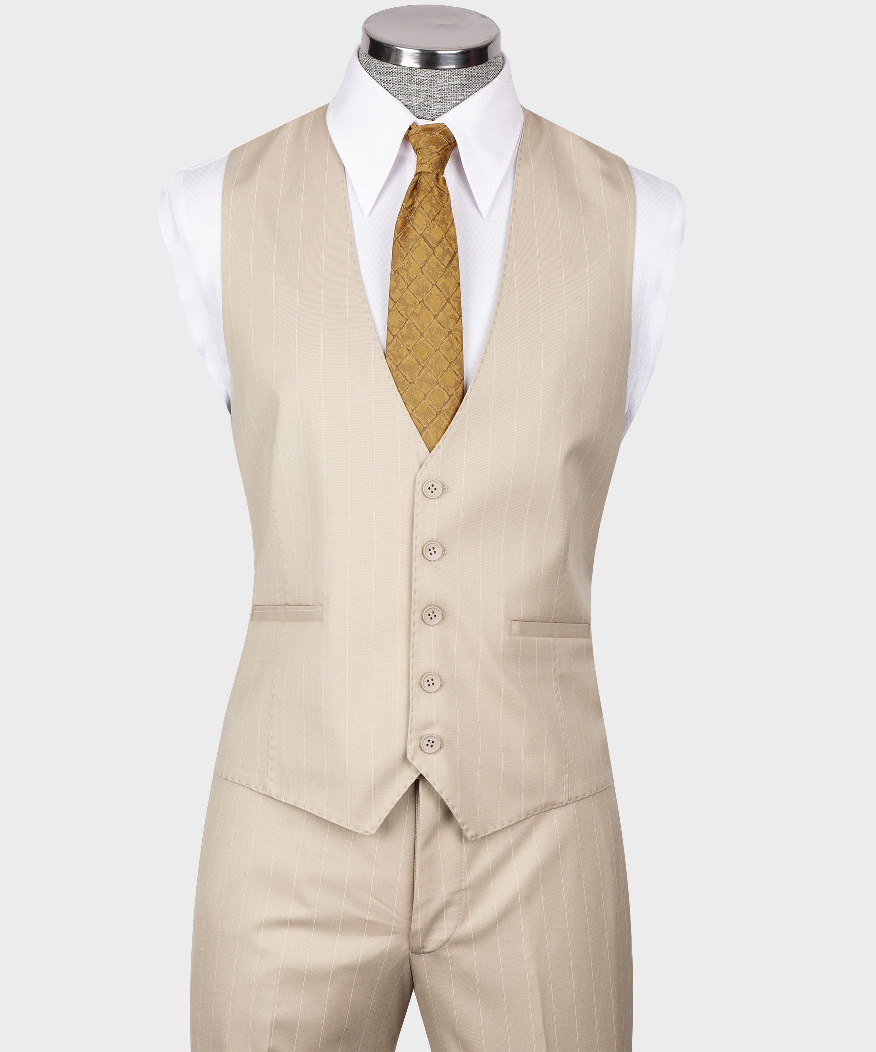 Beige gestreift Modern Fit Einreihiger Anzug