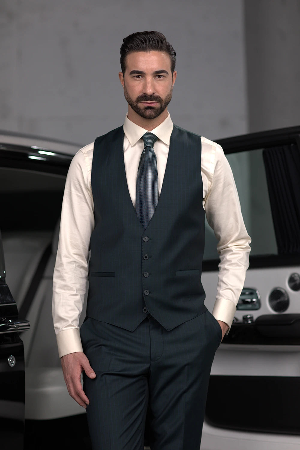 Dark green striped modern fit single-breasted blazer