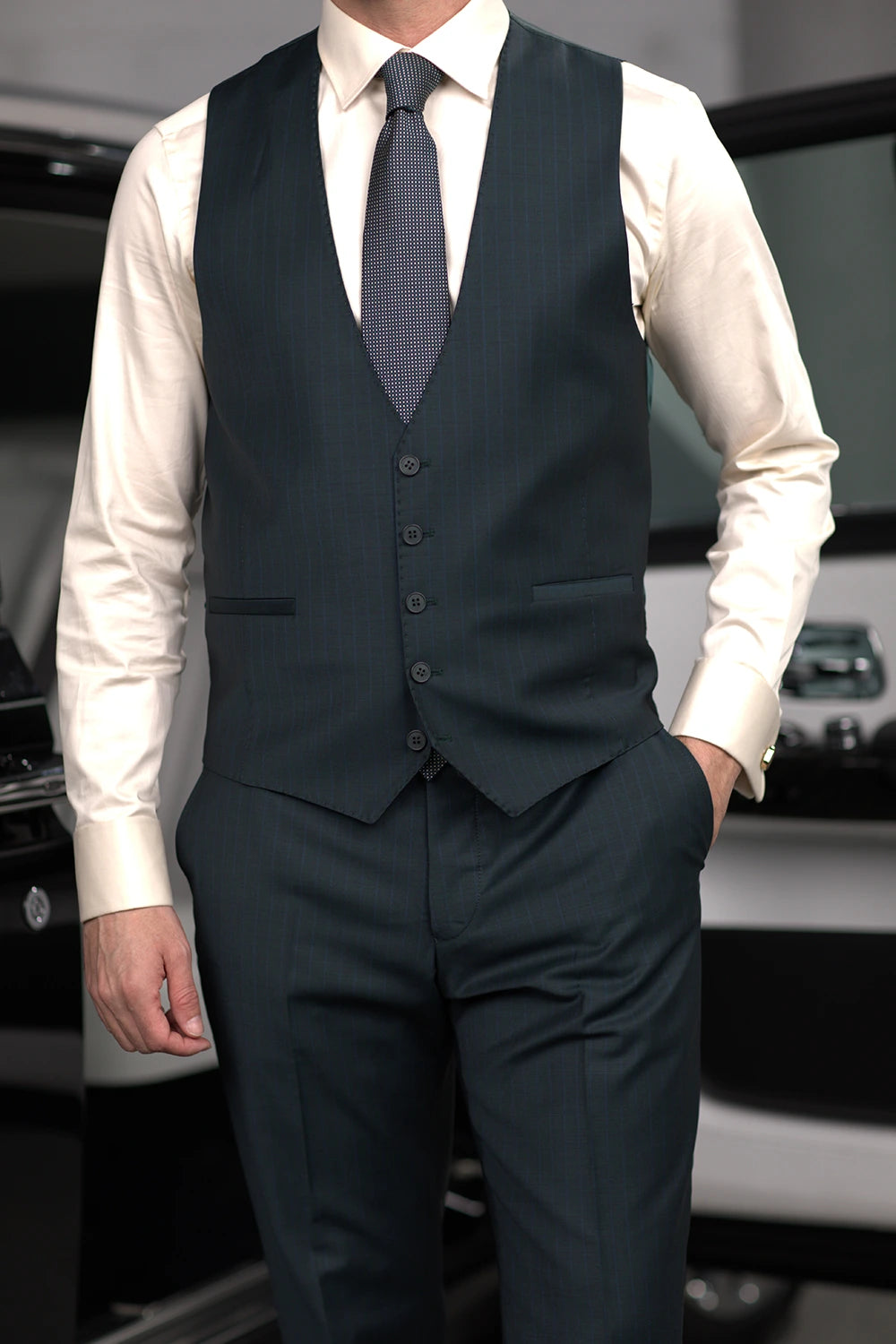 Dark green striped modern fit single-breasted blazer