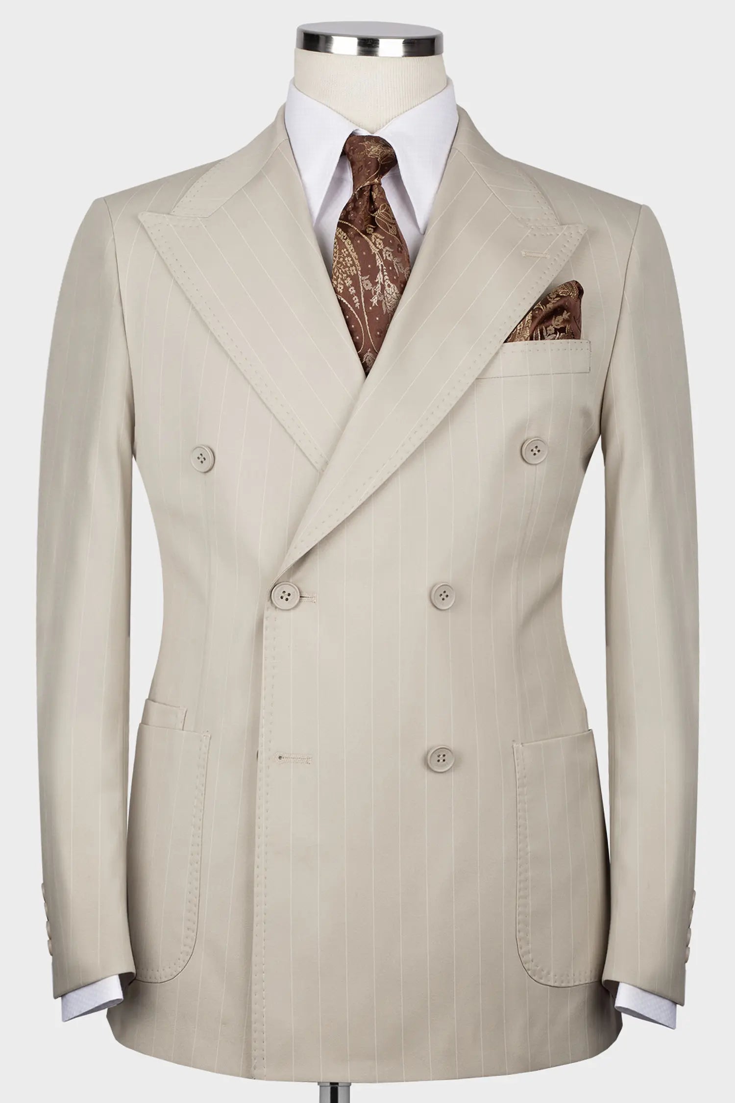Beige gestreift Modern Fit Zweireiher Anzug