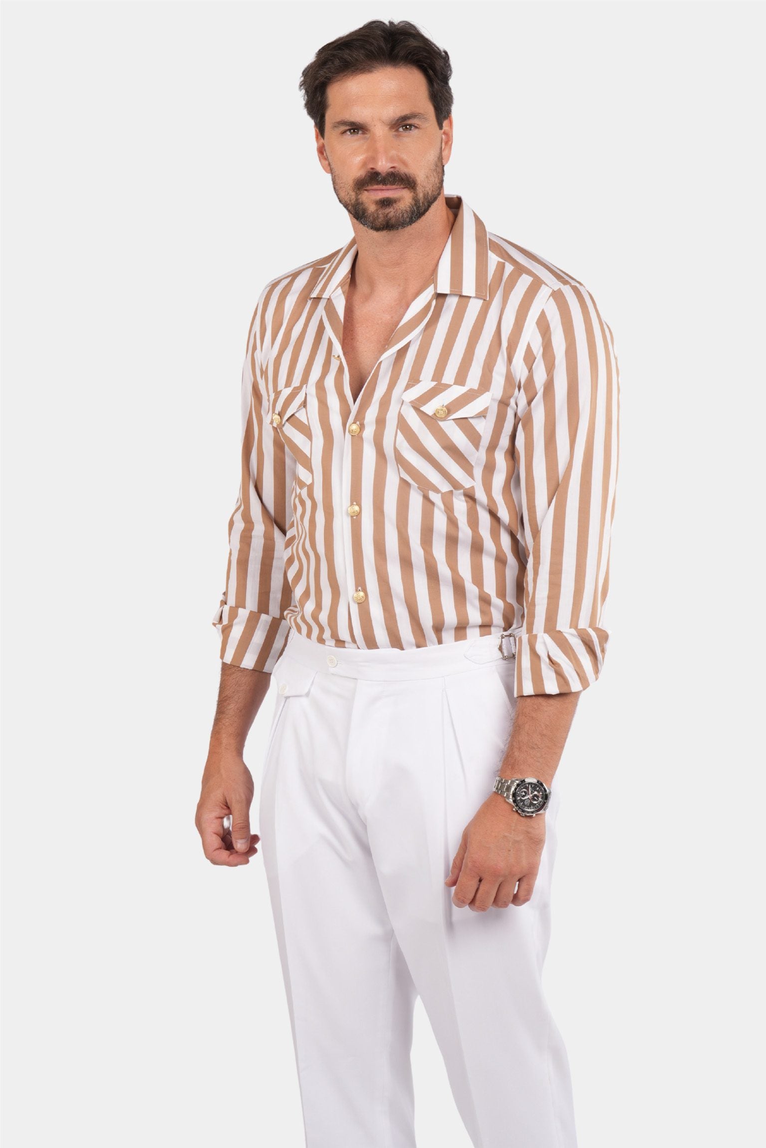 Beige and white striped safari shirt 