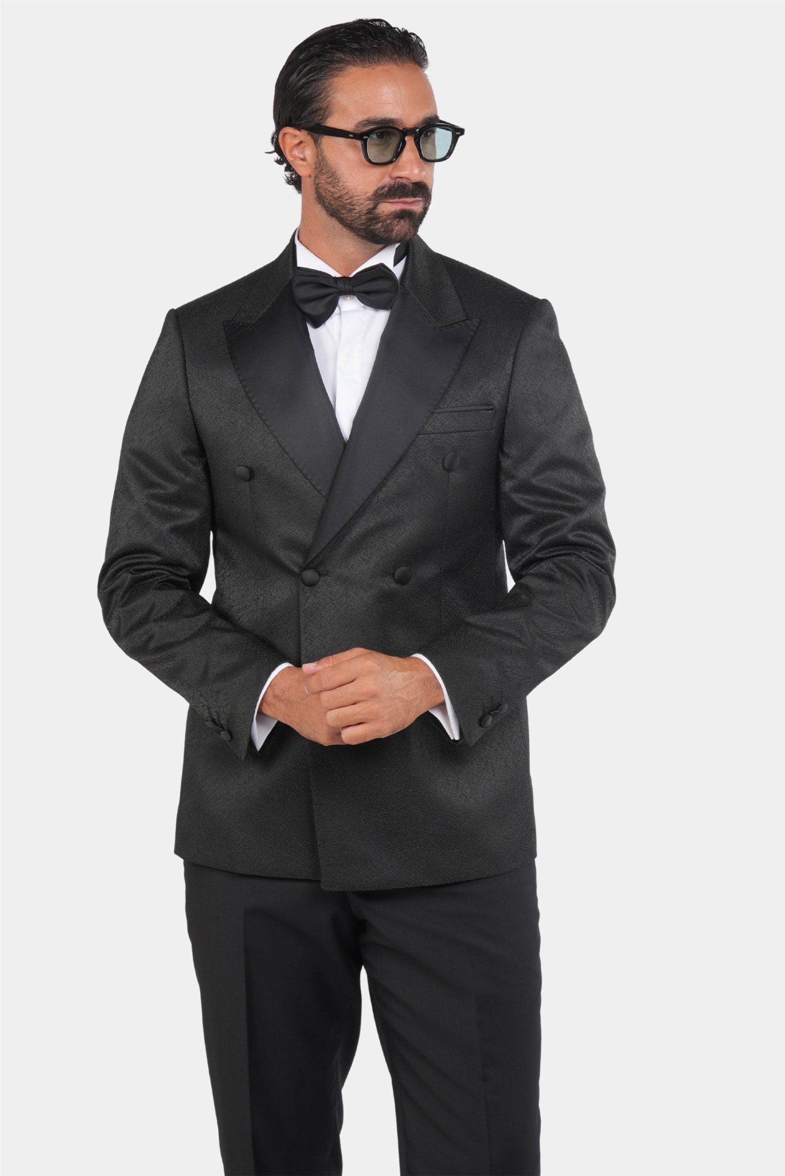 Smoking Herren Schwarz – Doppelreiher mit Strukturstoff & Satin-Revers