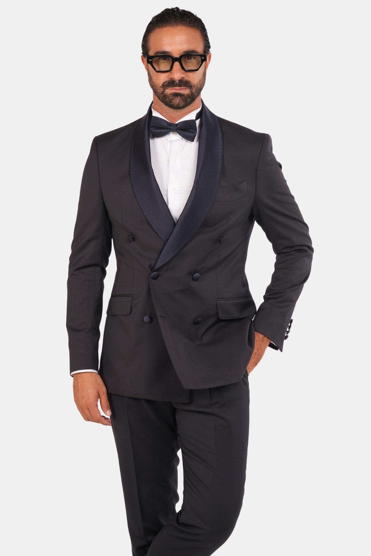 Dunkelblaue Slim Fit Doppelreihige Smoking-Anzug