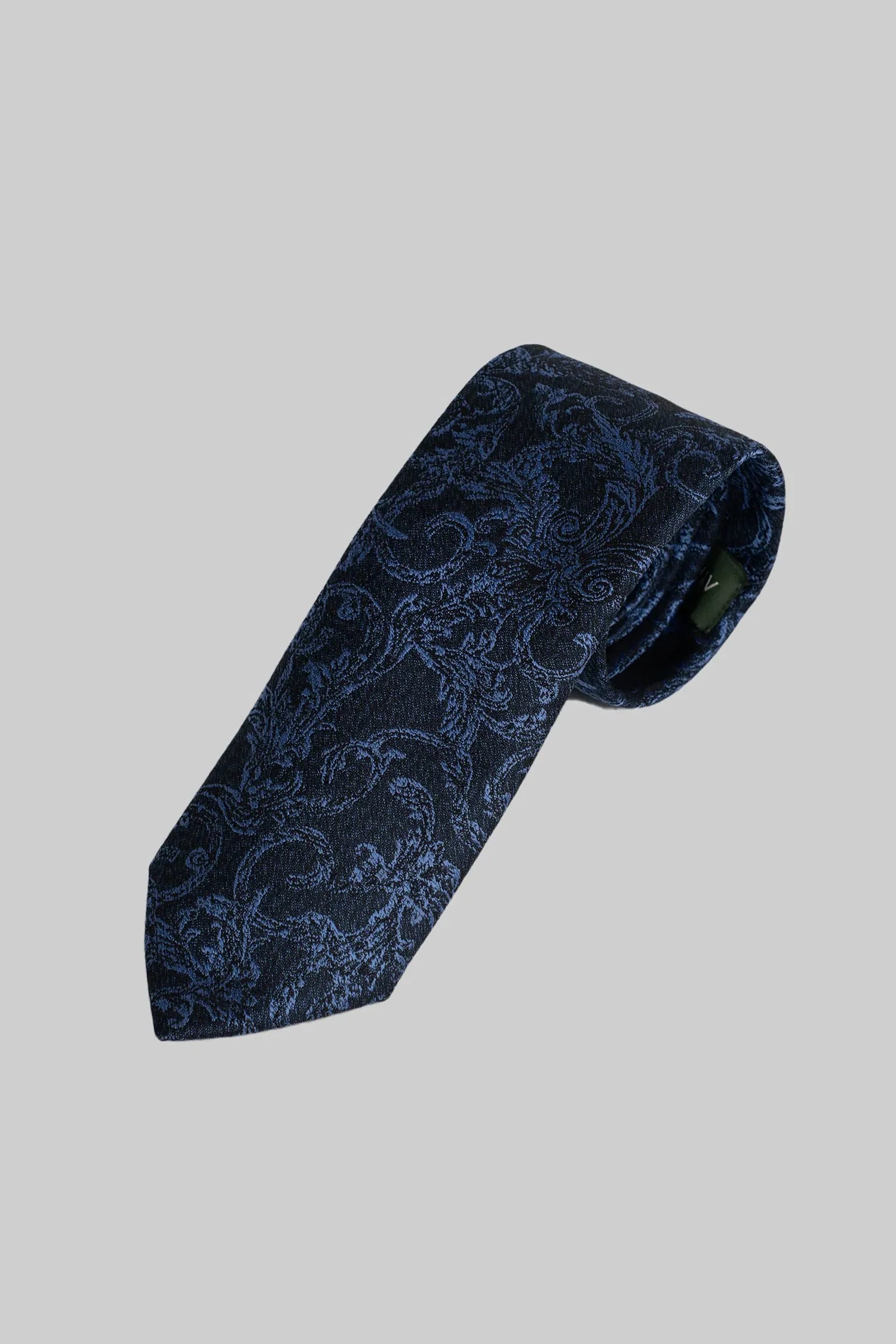 Dunkelblaue Krawatte und Einstecktuch mit floralem Jacquardmuster aus Mikrofaser