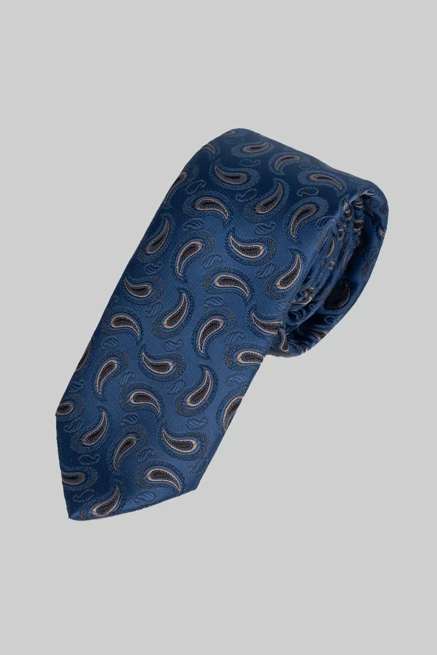 Blue tie and pocket square with paisley pattern made of microfiber