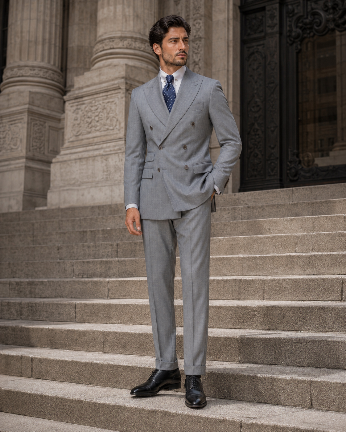 Grauer Slim-Fit-Zweireiher aus Wolle