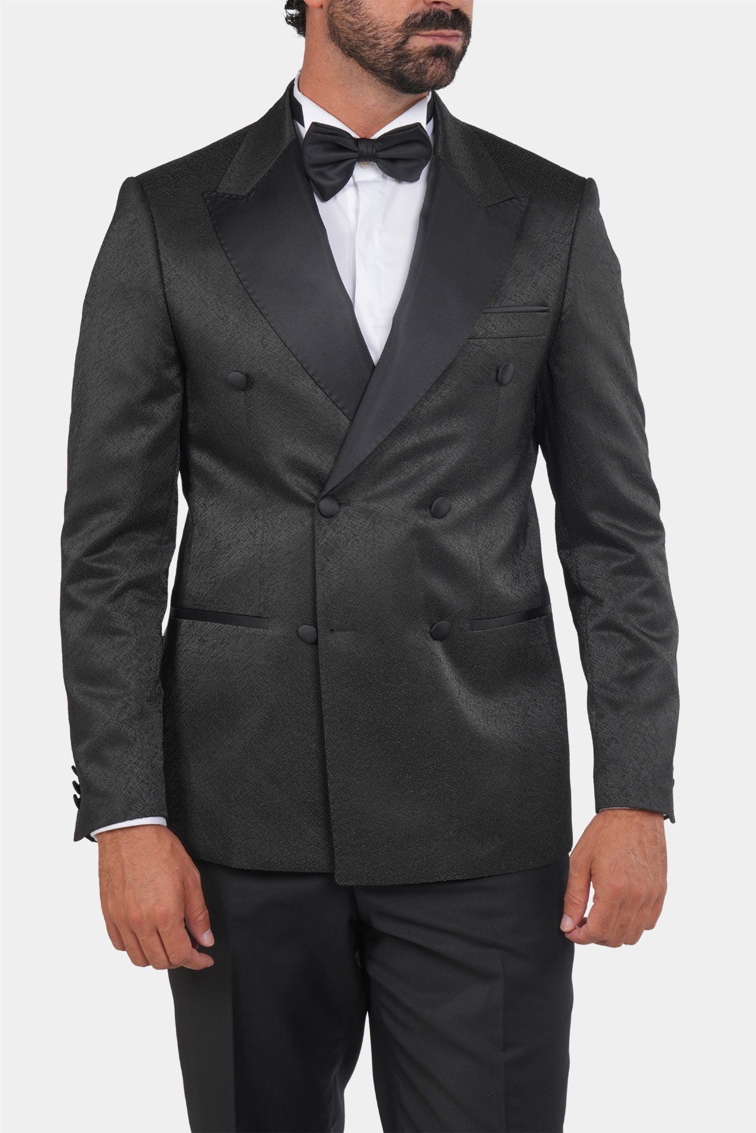 Smoking Herren Schwarz – Doppelreiher mit Strukturstoff & Satin-Revers