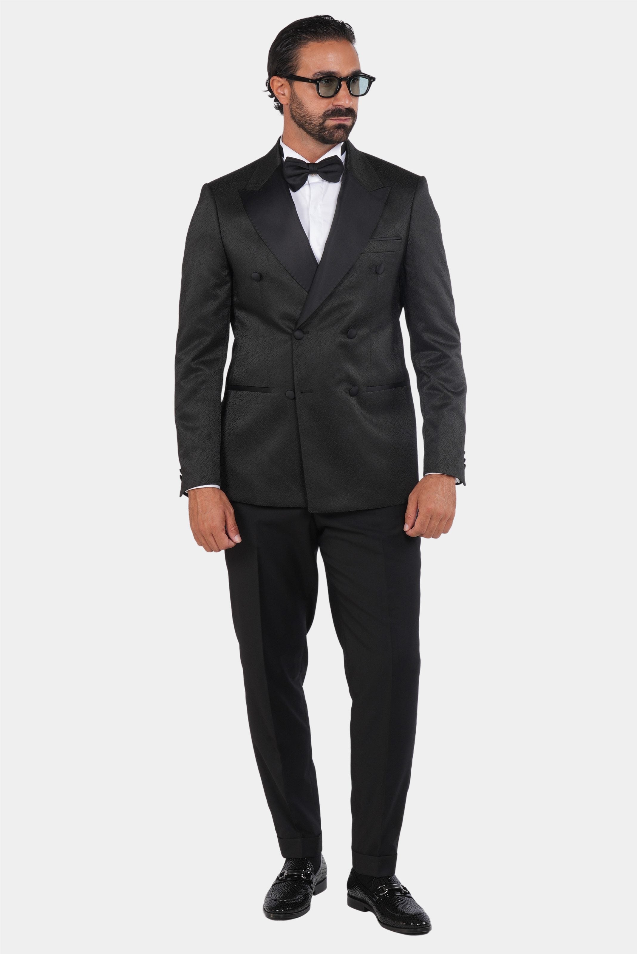 Smoking Herren Schwarz – Doppelreiher mit Strukturstoff & Satin-Revers