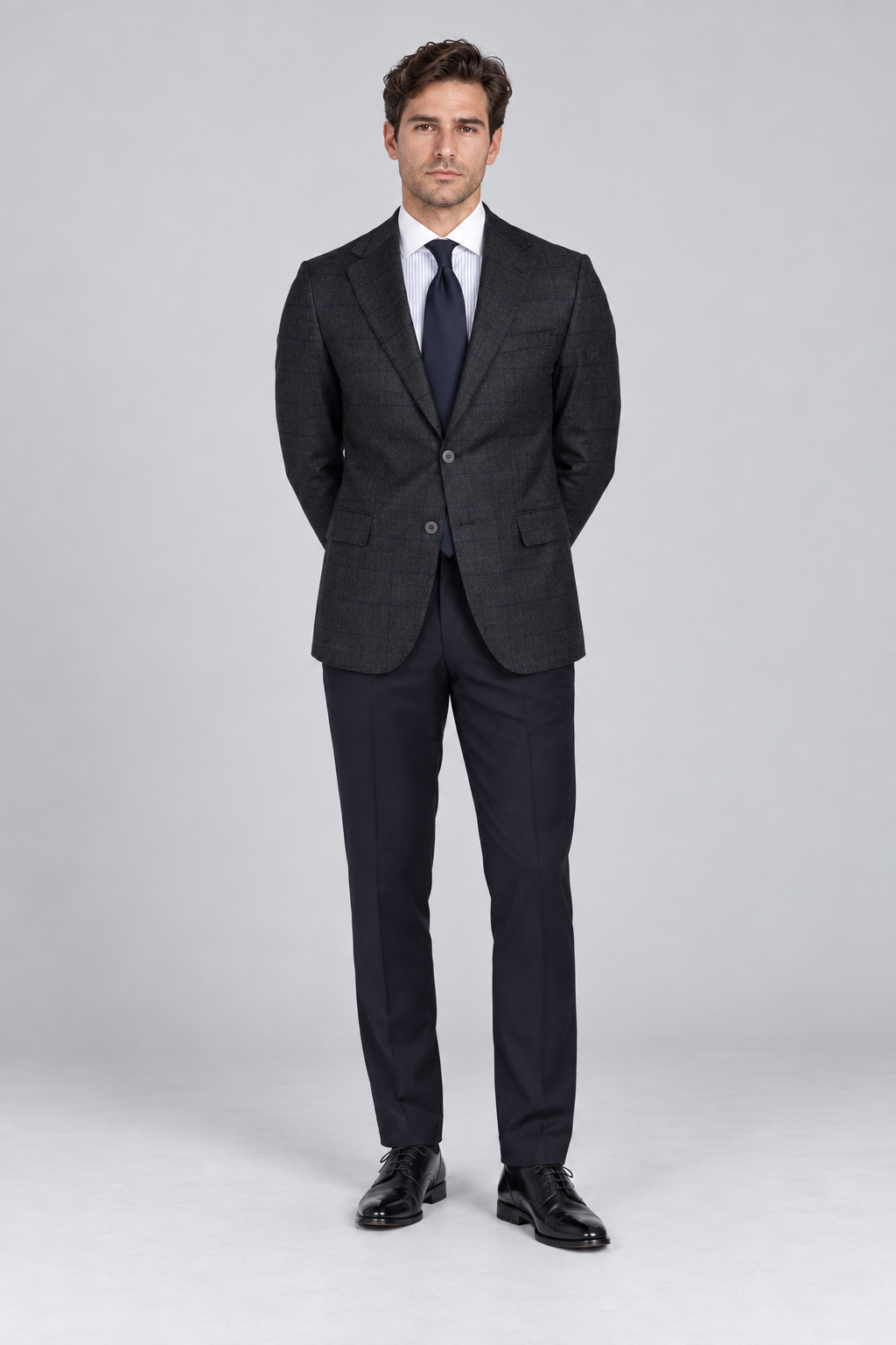 Dunkelgraues Tailored-Fit-Einreiher-Sakko aus Wolle mit Karomuster