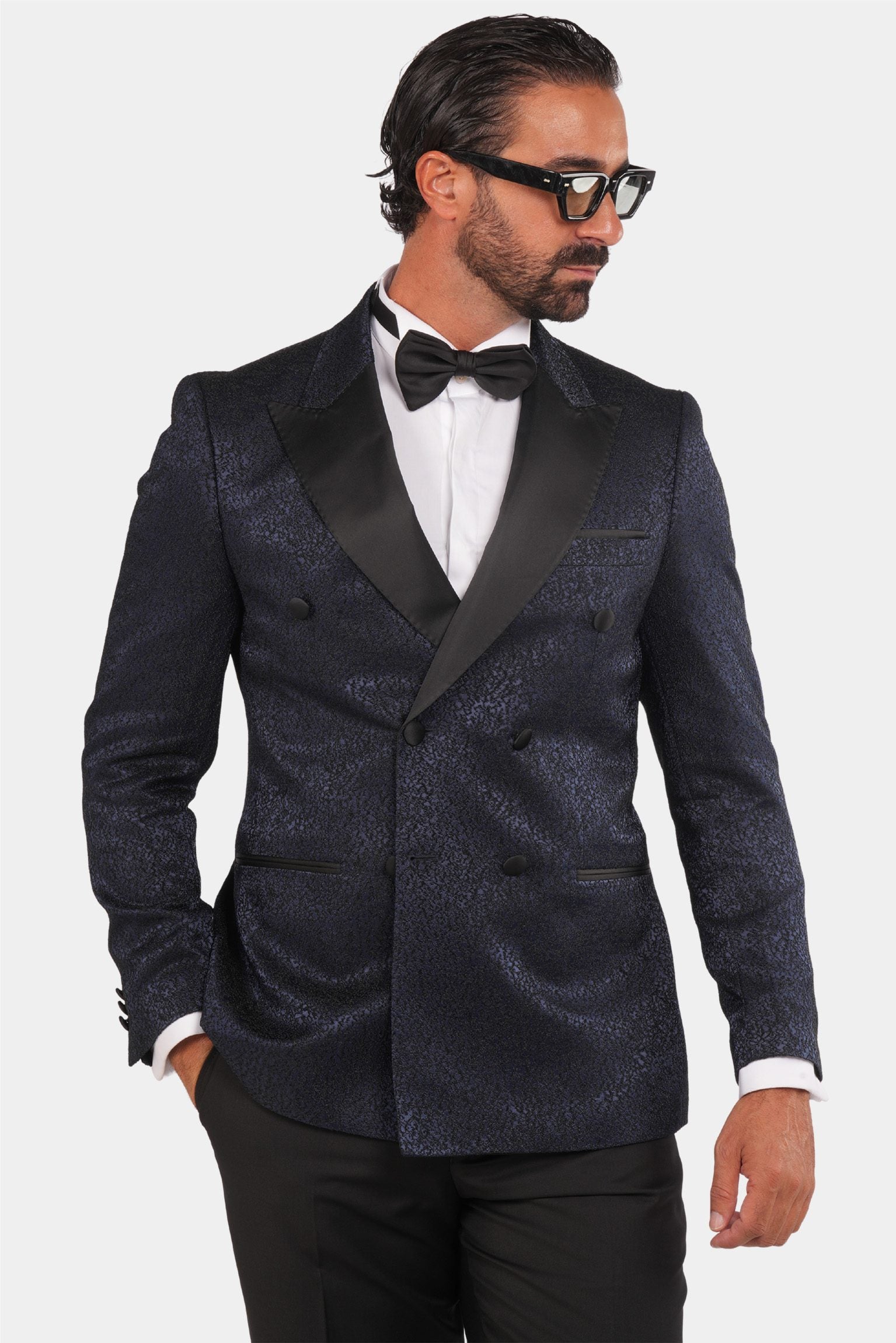 Smoking Herren Blau-Schwarz – Doppelreiher mit Satin-Revers & Struktur
