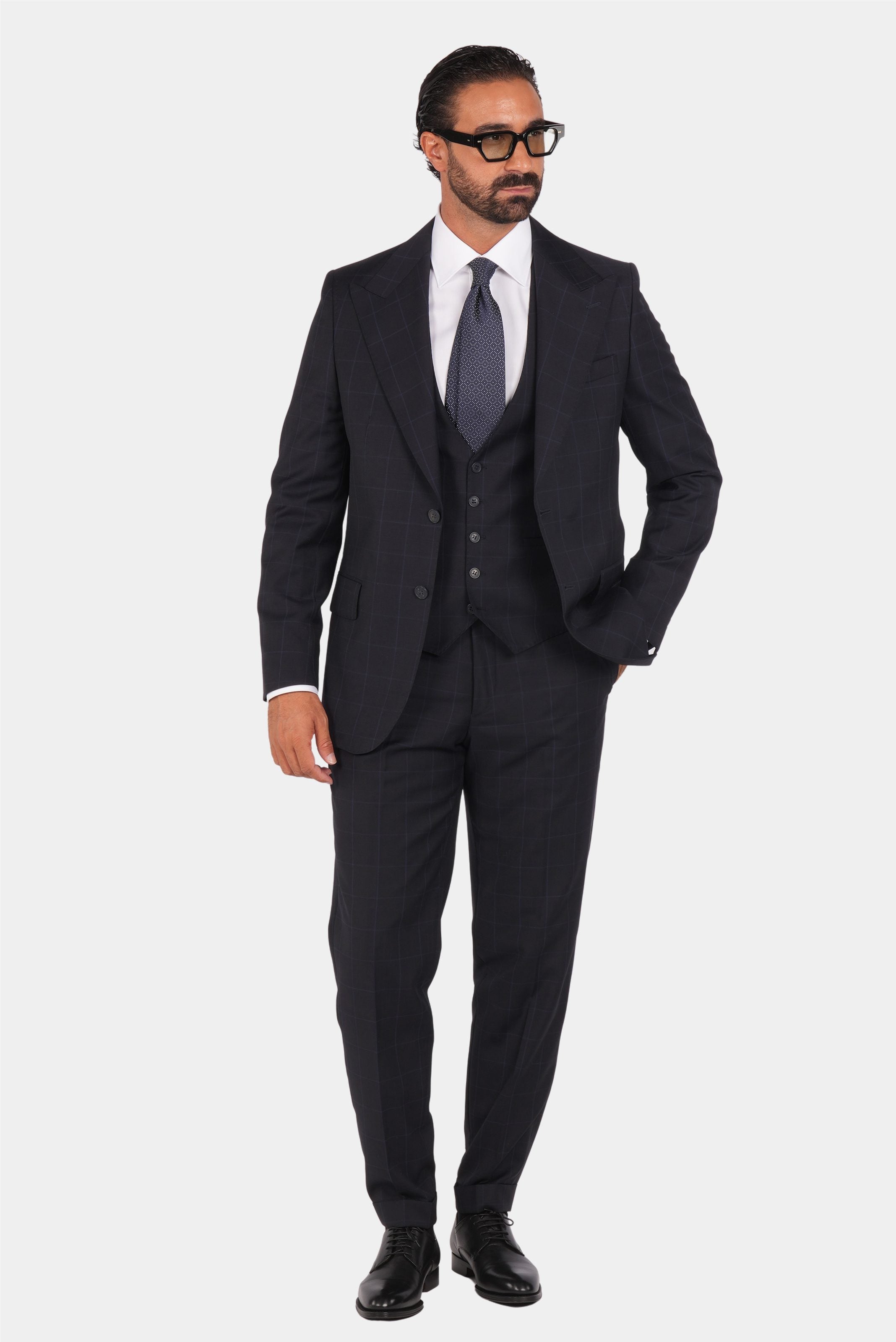 Dunkelblauer kariertes Modern-Fit-Einreiher-Anzug