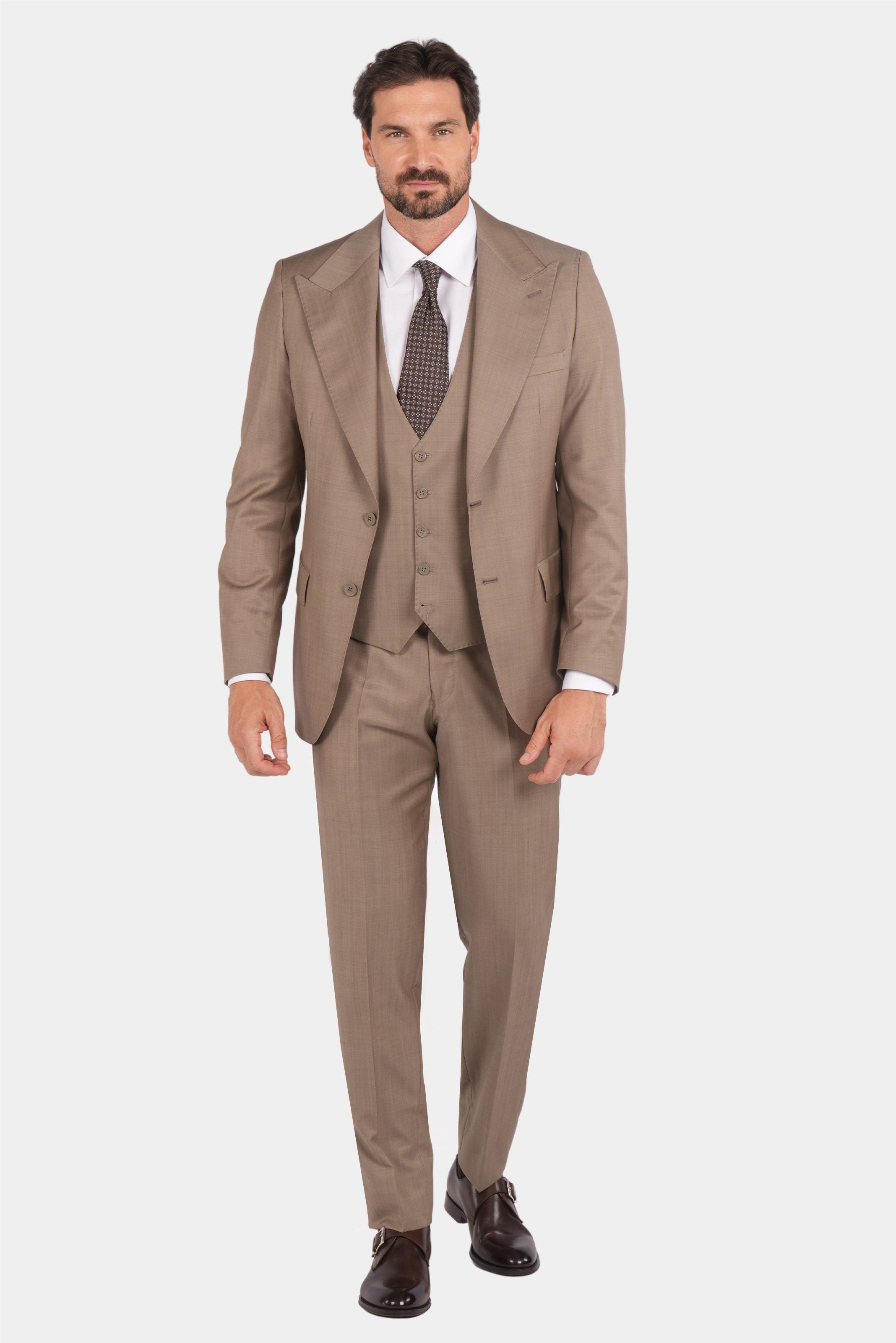 Sandbeige Dreiteiliger Woll-Anzug mit Tailored Fit