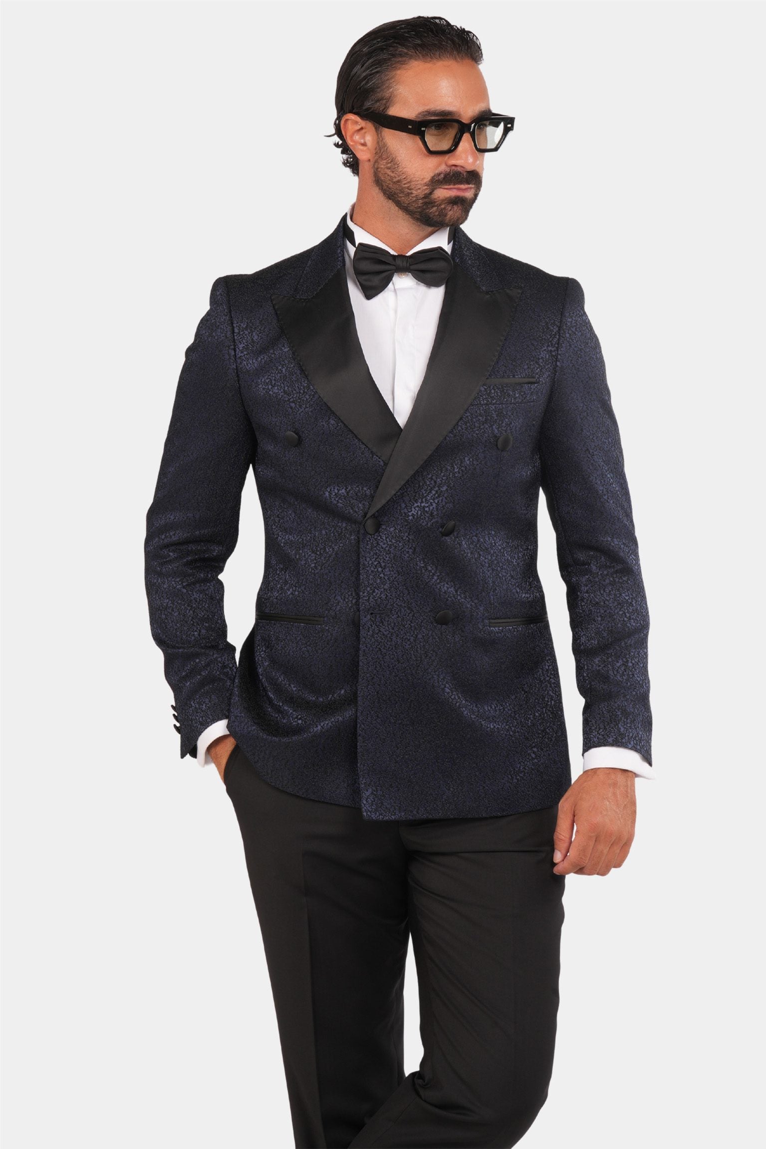 Smoking Herren Blau-Schwarz – Doppelreiher mit Satin-Revers & Struktur