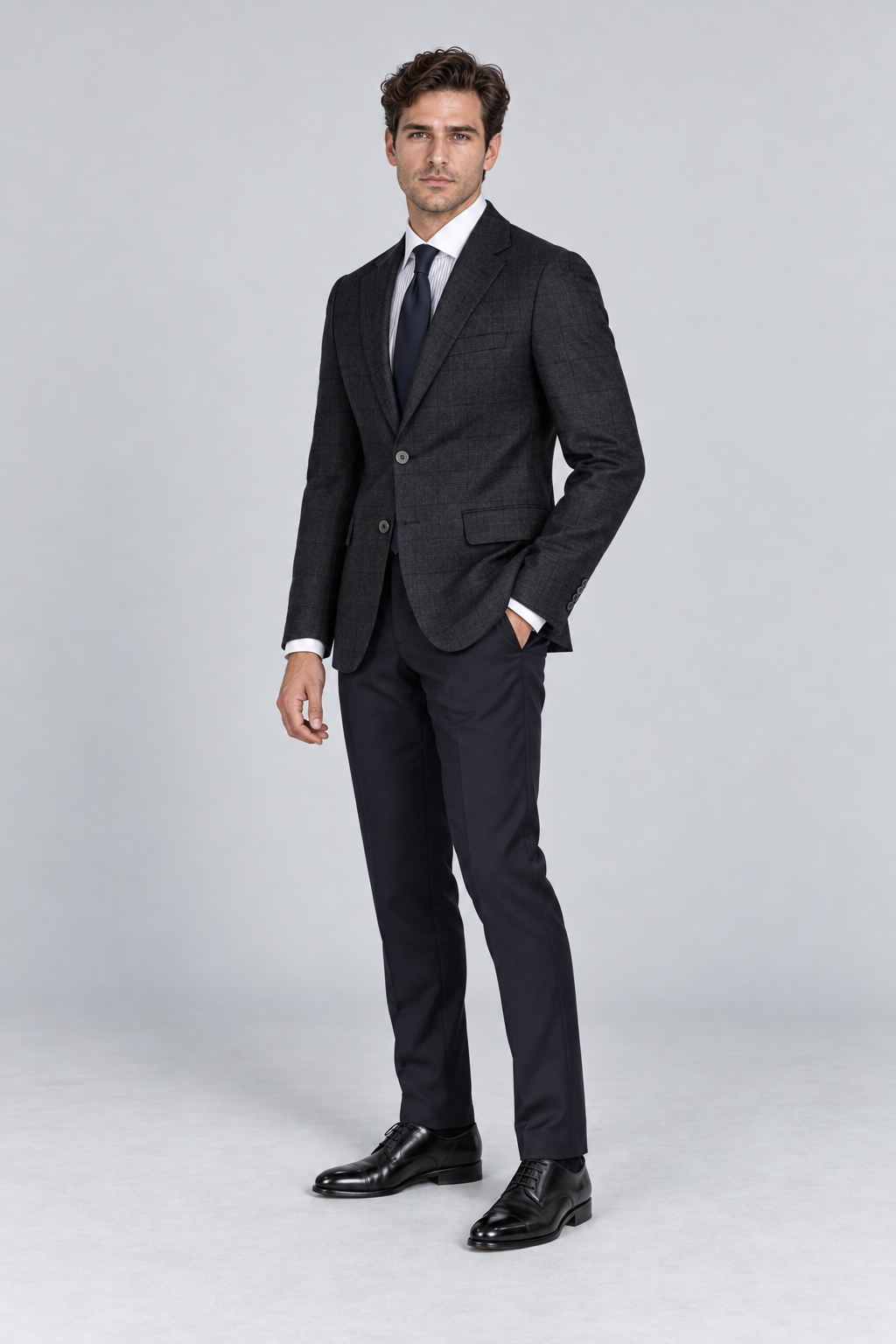 Dunkelgraues Tailored-Fit-Einreiher-Sakko aus Wolle mit Karomuster