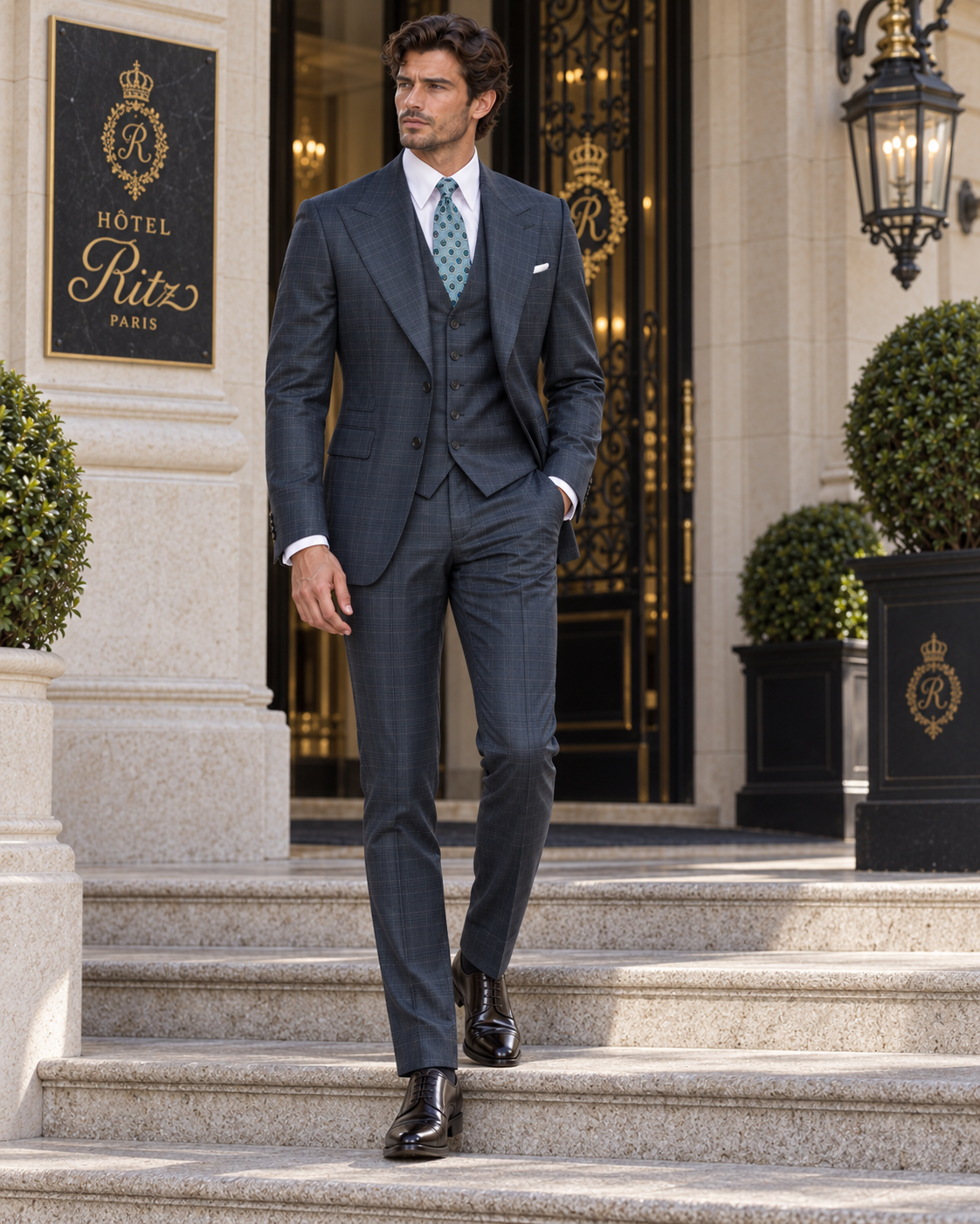 Dark green checked single-breasted modern-fit suit