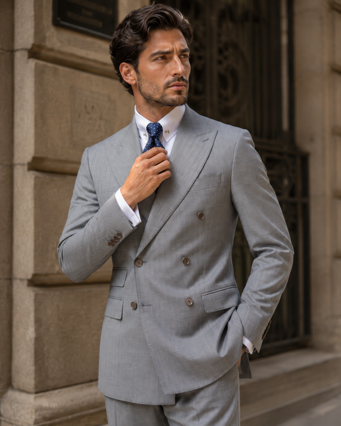 Grauer Slim-Fit-Zweireiher aus Wolle